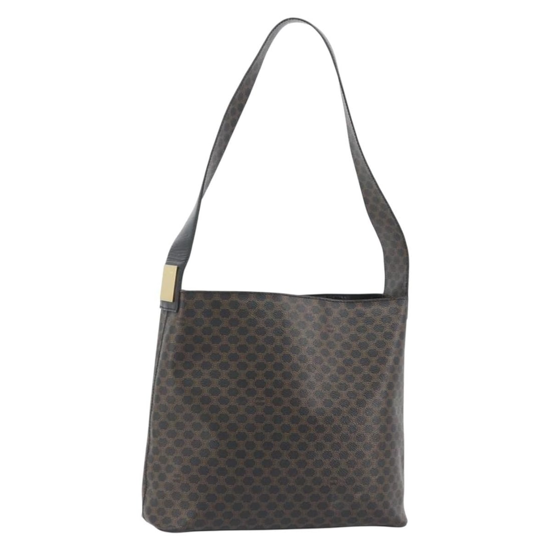 CELINE Macadam Shoulder Bag Black PVC Leather with Charm: CELINE Macadam Shoulder Bag Black PVC Leather with Charm CELINE Macadam Canvas shoulder bag in black and gold, made in Italy from PVC leather and Macadam canvas. It features a shoulder strap with an a