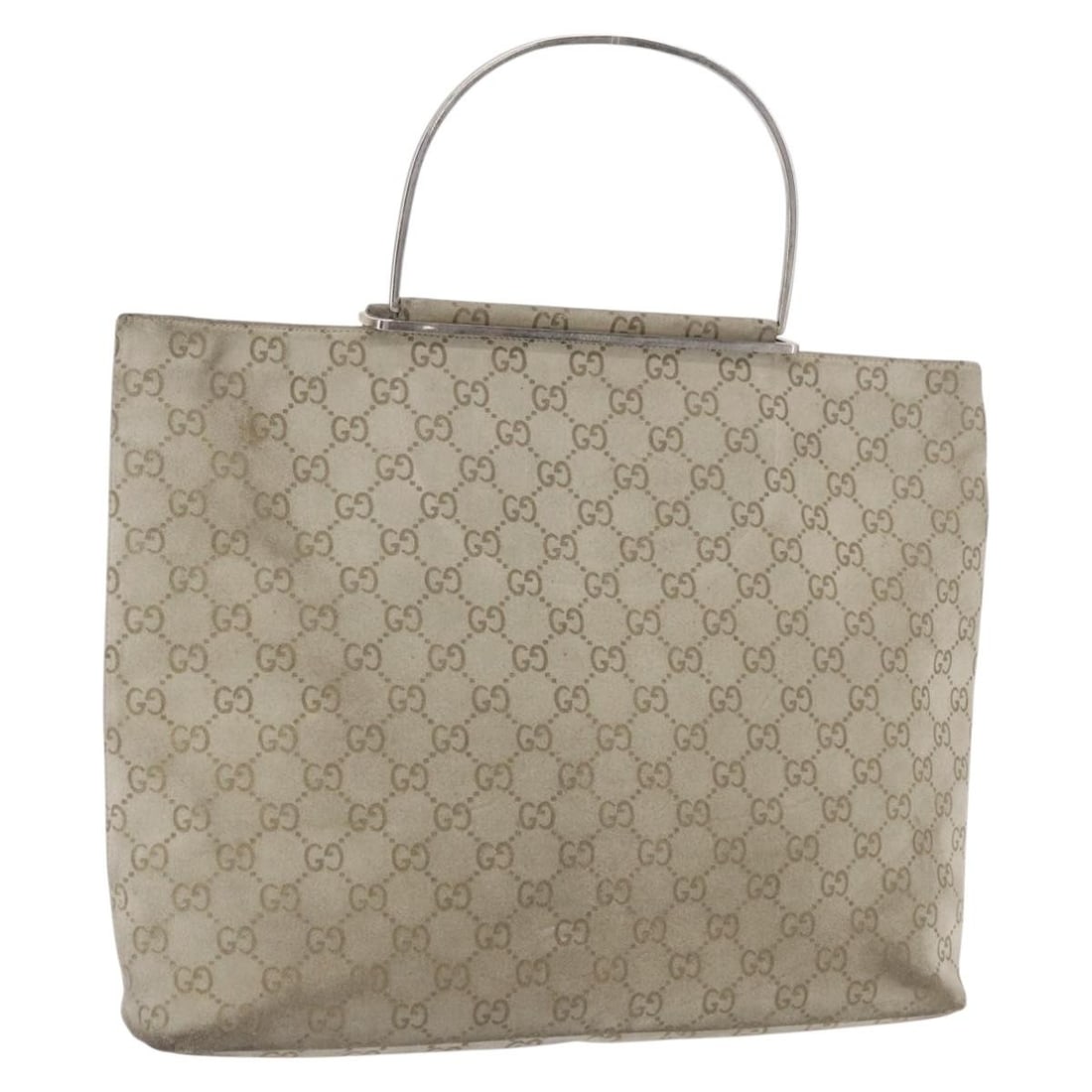 Gucci Beige Silver GG Canvas Tote Bag Italy: Gucci Beige Silver GG Canvas Tote Bag Italy This GUCCI GG Canvas Tote Bag features a beige and silver color scheme with suede accents. Crafted from GG canvas, it offers ample space with a structured s