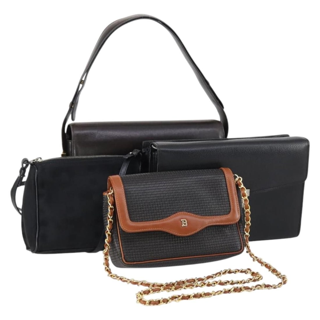 BALLY Leather Nylon PVC Shoulder Bag Set of 4 Black Brown Authentic: BALLY Leather Nylon PVC Shoulder Bag Set of 4 Black Brown Authentic This BALLY shoulder bag set combines elegance and practicality, featuring a sophisticated blend of black and brown leather. Designed