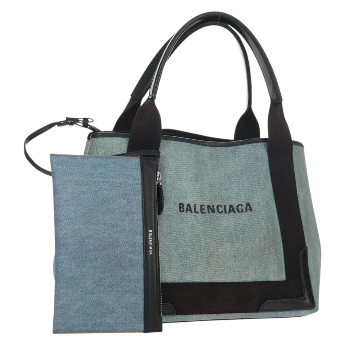 Balenciaga 339933 Navy Cabas S Blue PVC Leather Handbag with Pouch: Balenciaga 339933 Navy Cabas S Blue PVC Leather Handbag with Pouch Balenciaga Navy Cabas S hand bag in blue and silver PVC leather, made in Italy. This women's hand bag includes a pouch accessory and 