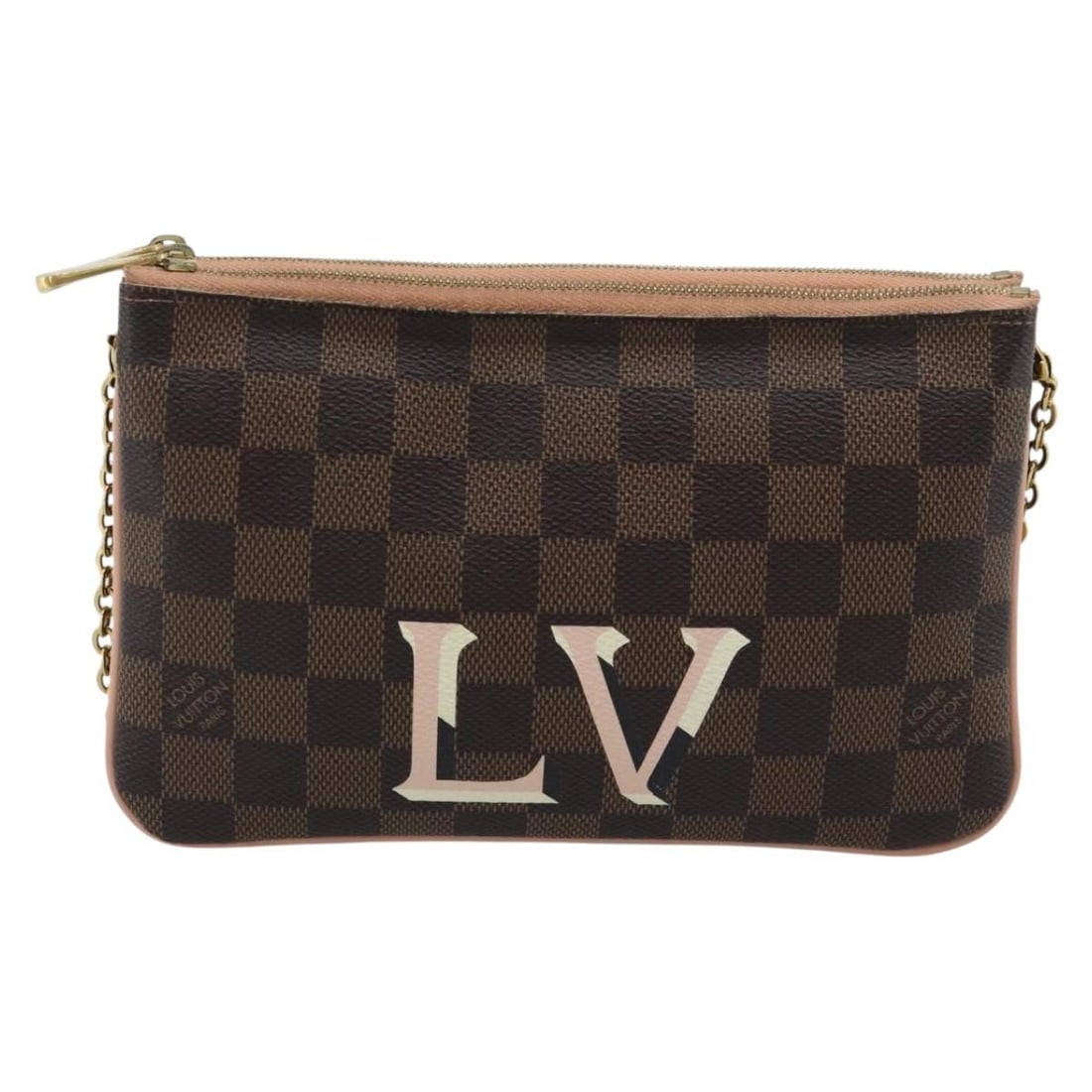 Louis Vuitton Double Zip Pochette Brown Canvas Handbag: Louis Vuitton Double Zip Pochette Brown Canvas Handbag Louis Vuitton Double Zip Pochette in brown Damier Ebene canvas, designed for women and made in France. The bag is in good condition with light ex