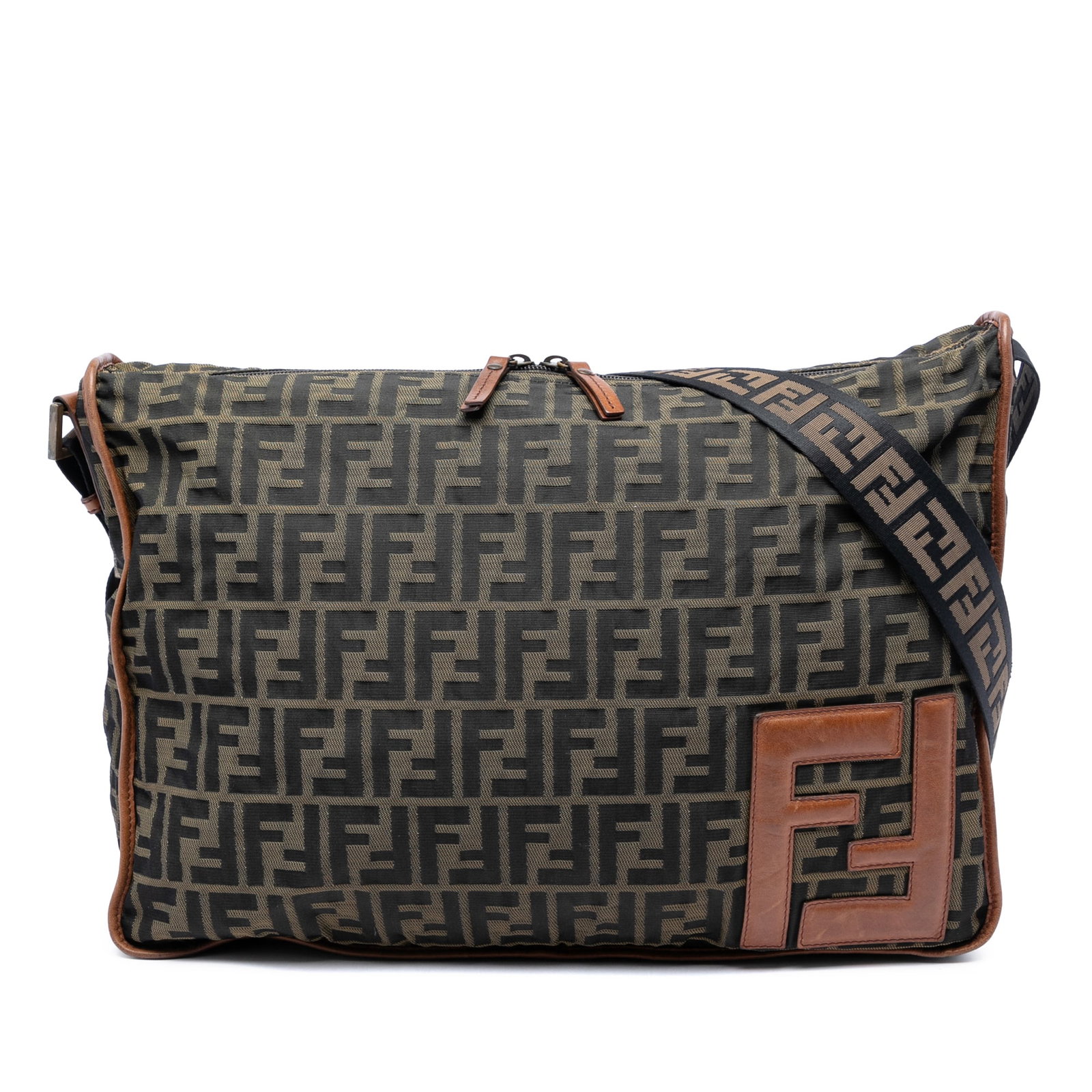 Fendi Zucca Brown Canvas Crossbody Bag with Leather Trim: Fendi Zucca Brown Canvas Crossbody Bag with Leather Trim Fendi Zucca Canvas Crossbody bag in brown, made in Italy. It features a canvas body with leather trim, a flat strap, a 2-way top zip closure, a