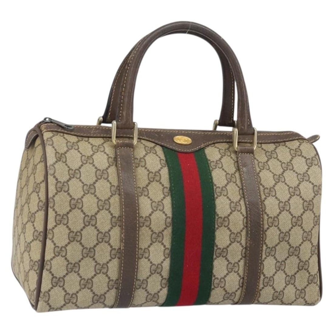 Gucci Beige GG Supreme Web PVC Leather Handbag 24 012 3842 Italy: Gucci Beige GG Supreme Web PVC Leather Handbag 24 012 3842 Italy This is a Gucci GG Supreme Web Sherry Line handbag crafted from beige and gold PVC leather with GG canvas accents. The bag features a s