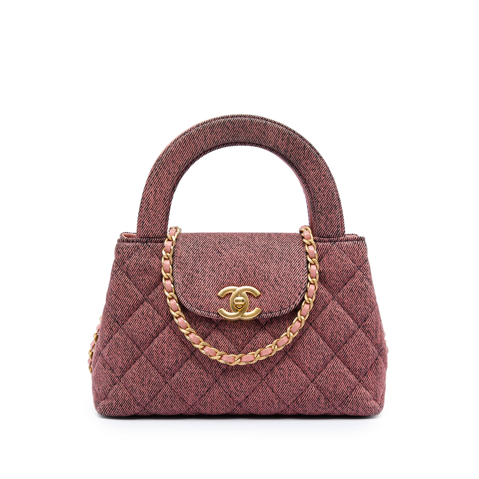 Chanel Kelly Shopper Nano Pink Washed Denim Satchel: Chanel Kelly Shopper Nano Pink Washed Denim Satchel Chanel Nano Washed Denim Kelly Shopper Bag in pink quilted washed denim. This satchel features flat denim handles, a leather-woven chain link strap,