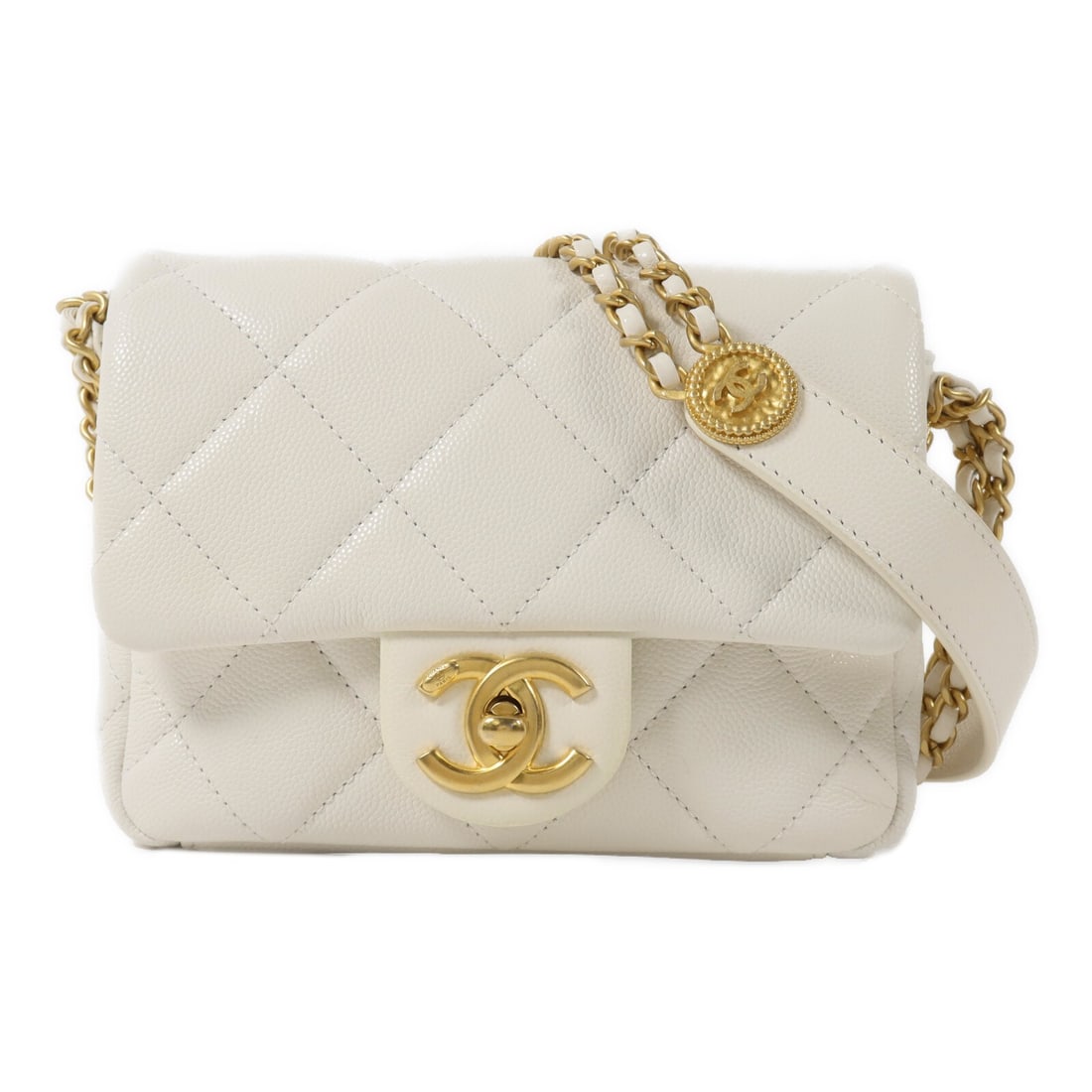 CHANEL AS3368 Mini Flap Shoulder Bag White Calfskin CC GHW: CHANEL AS3368 Mini Flap Shoulder Bag White Calfskin CC GHW A CHANEL Mini Coins Flap Chain Shoulder Bag in white calfskin leather with gold-tone hardware. It features a turn-lock closure, one outside o