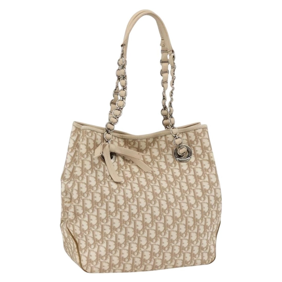 Christian Dior Romantic Tote Trotter Canvas Beige Silver Chain Handle Bag: Christian Dior Romantic Tote Trotter Canvas Beige Silver Chain Handle Bag This Christian Dior Trotter Canvas Chain Romantic Tote Bag features a beige and silver exterior crafted from PVC leather and T