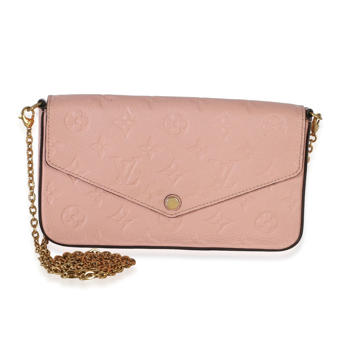 Louis Vuitton Felicie Pochette Pink Leather Shoulder Bag with Dustbag: Louis Vuitton Felicie Pochette Pink Leather Shoulder Bag with Dustbag Pre-owned Louis Vuitton Felicie Pochette in Rose Poudre Monogram Empreinte leather. This unisex shoulder bag features a snap closu