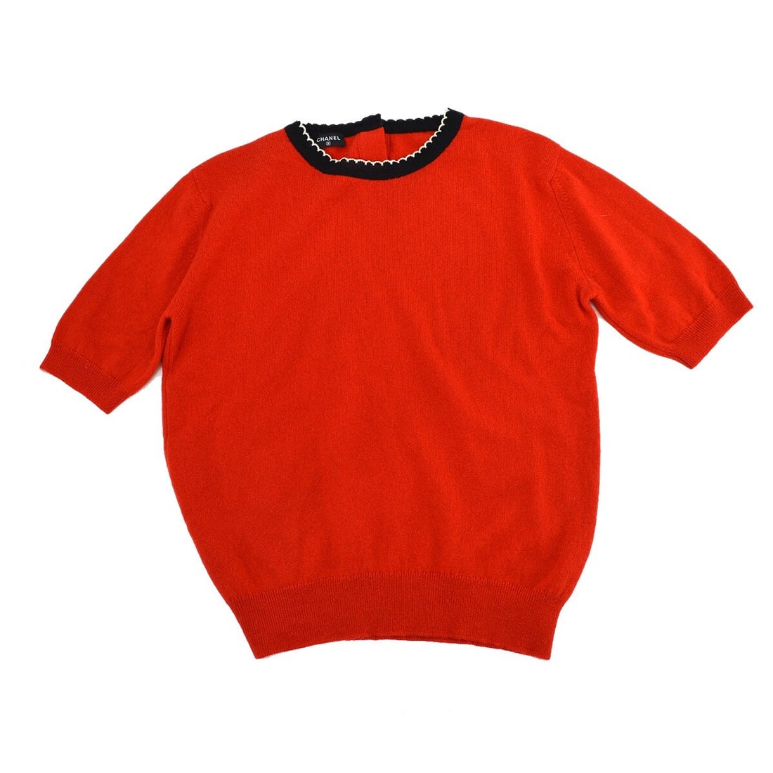 Chanel collared red short sleeve pullover sweater: Chanel collared red short sleeve pullover sweater CHANEL women's short-sleeve knit pullover top in red with a collared neckline. The original description notes a black and red color combination. Condi