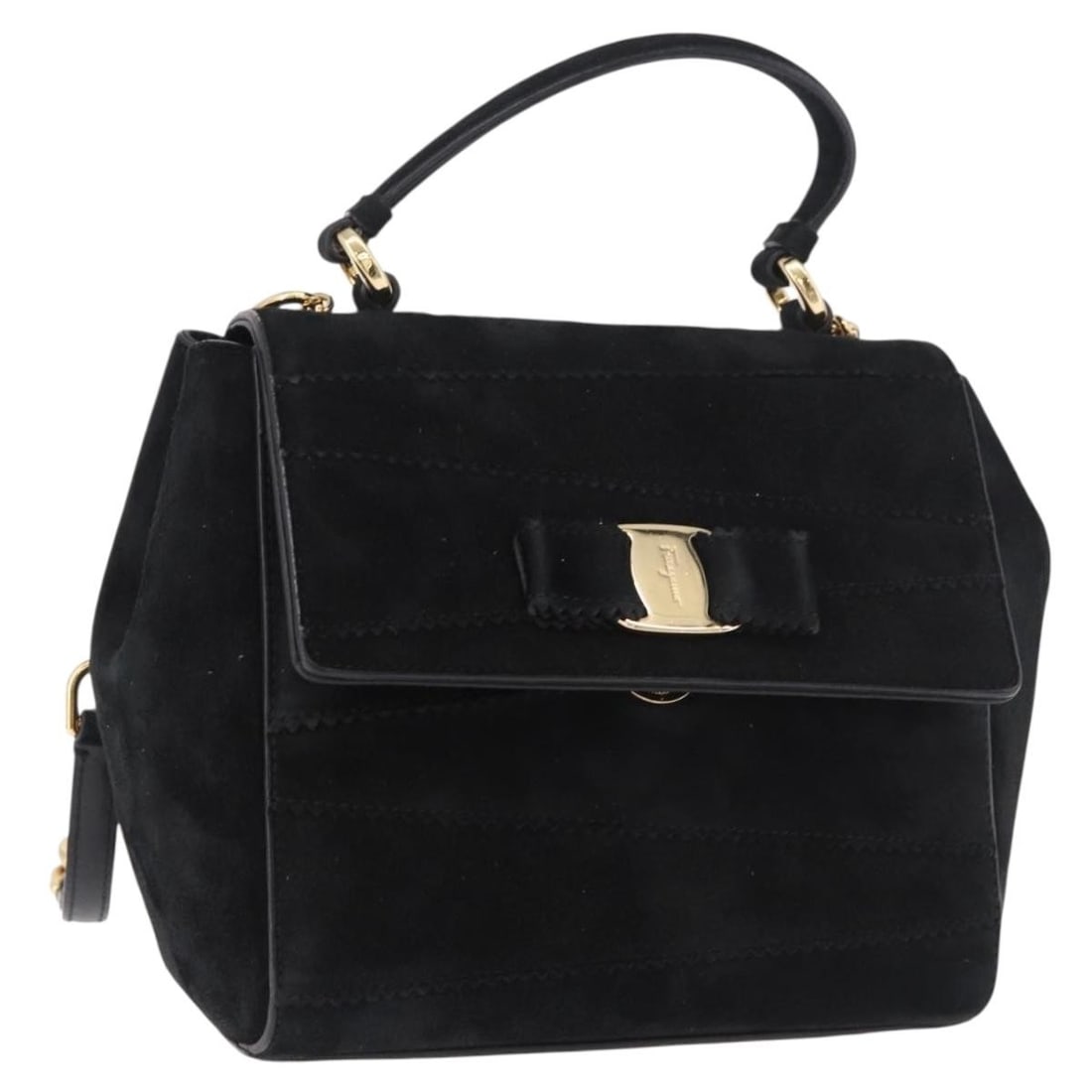 Salvatore Ferragamo Vala suede 2way shoulder bag black gold tone: Salvatore Ferragamo Vala suede 2way shoulder bag black gold tone Salvatore Ferragamo Vala Chain Shoulder Bag in suede, presented in black and gold. This 2-way women's shoulder bag is made in Italy and