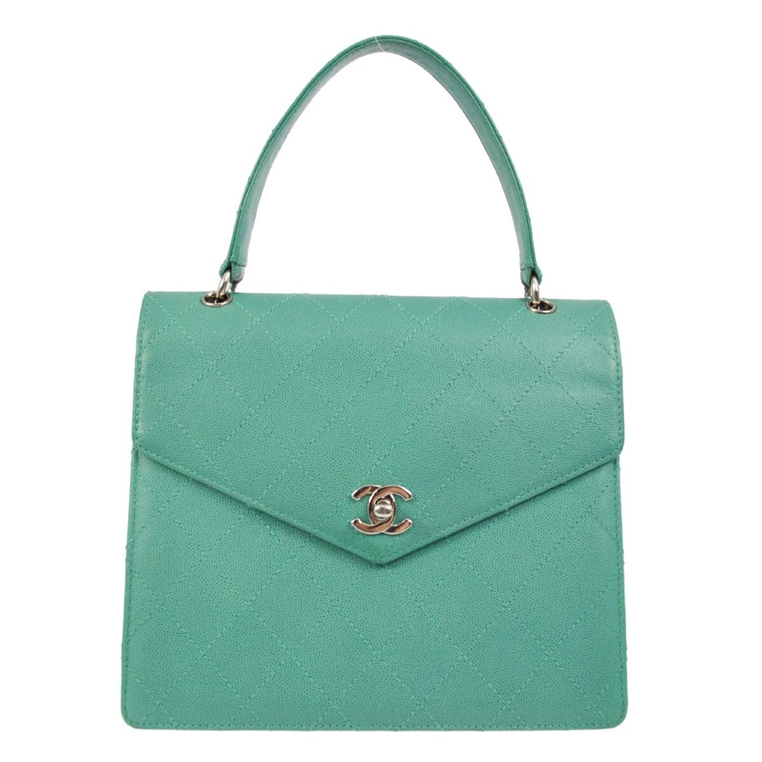Chanel Caviar Matelasse Green Calfskin Top Handle Bag: Chanel Caviar Matelasse Green Calfskin Top Handle Bag Medium Chanel handbag in green caviar skin leather with a matelasse pattern and top handle design. It features a turnlock closure, green leather l