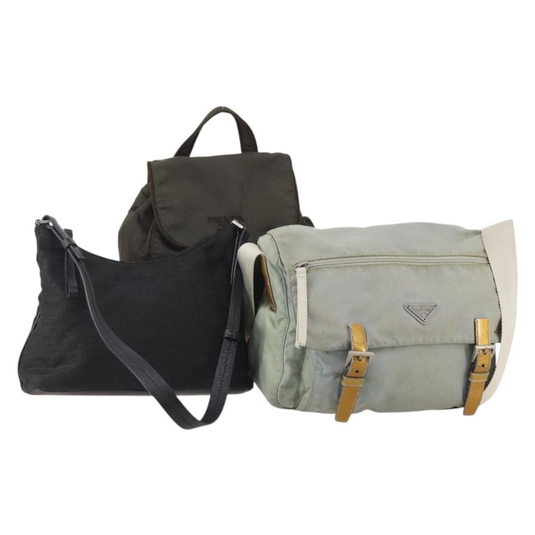 PRADA nylon shoulder bag set of 3 light blue khaki black: PRADA nylon shoulder bag set of 3 light blue khaki black Set of three Prada shoulder bags in nylon with light blue, khaki, and black colors. This women's shoulder bag set is made in Italy and is offer