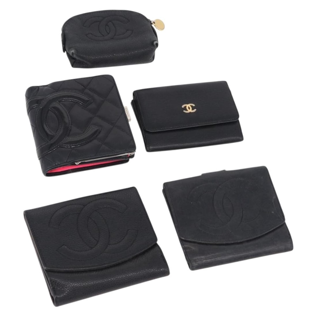 5 Piece Black Leather Wallet Bundle CHANEL Cambon Line: 5 Piece Black Leather Wallet Bundle CHANEL Cambon Line CHANEL Cambon Line wallet set in black leather with grained calf skin/caviar skin. This women's wallet bundle is made in France and includes only