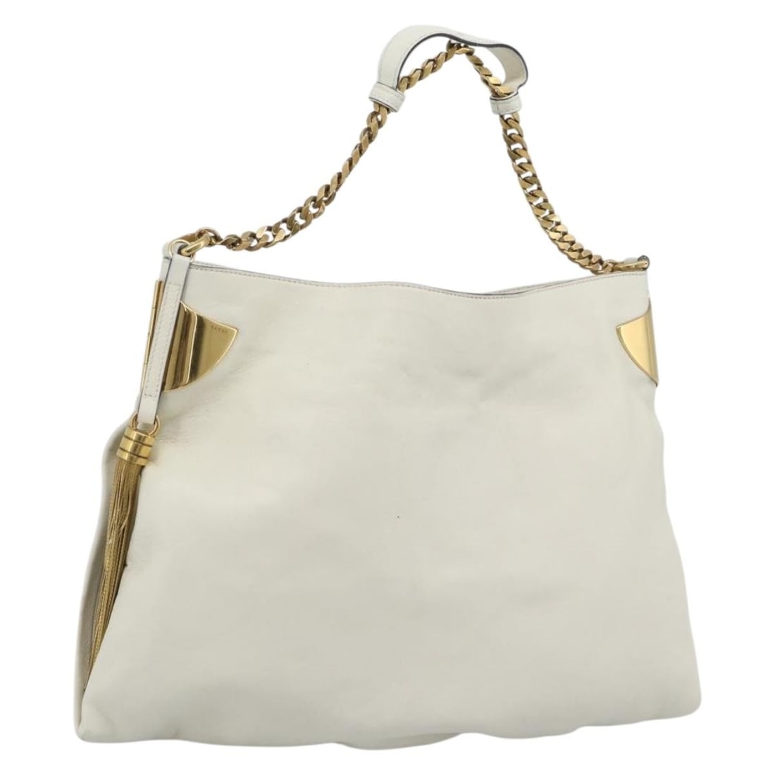 Gucci 290682 White Gold Leather Chain Strap Shoulder Bag: Gucci 290682 White Gold Leather Chain Strap Shoulder Bag Gucci shoulder bag in white and gold leather with a chain strap. This women's bag has been customized and repainted, including the entire exter
