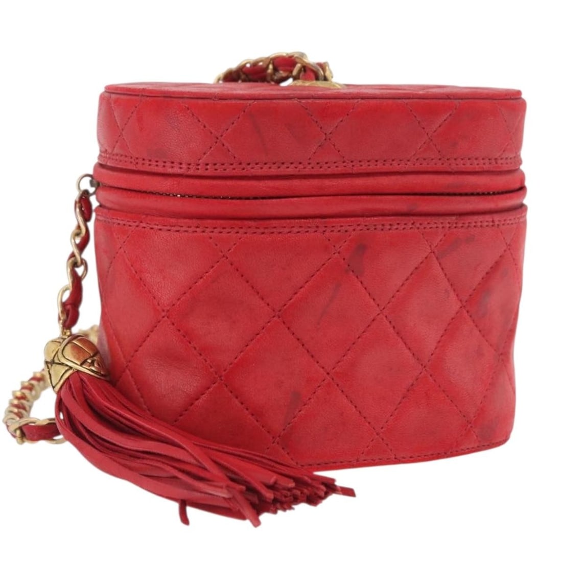 Chanel Red Lambskin Shoulder Bag with Gold Tone Chain and CC Logo: Chanel Red Lambskin Shoulder Bag with Gold Tone Chain and CC Logo This CHANEL chain shoulder bag is crafted from lambskin leather in a striking red color with gold accents. Designed for women, the bag