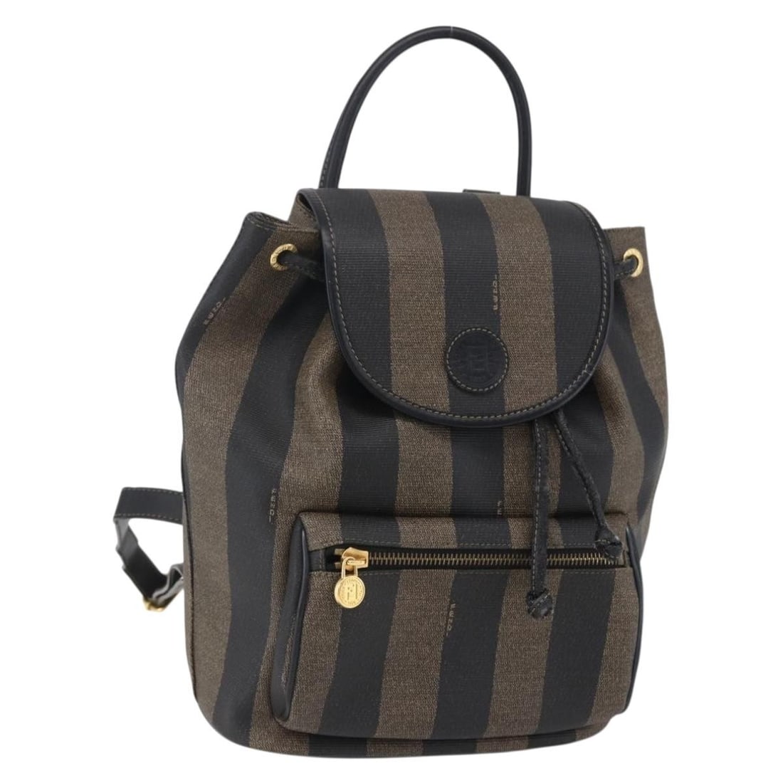 Fendi Pequin Front Pocket Backpack Brown Coated Canvas Italy: Fendi Pequin Front Pocket Backpack Brown Coated Canvas Italy Vintage Fendi Pequin Logo item in brown coated canvas, designed for female use. It is made in Italy and measures 22 cm x 28 cm x 14 cm. The