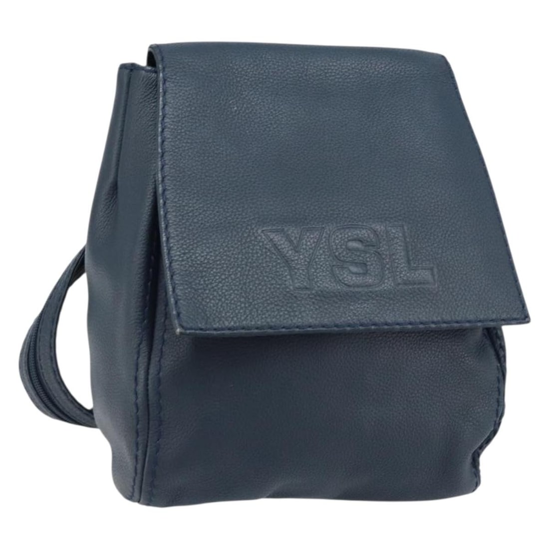 Saint Laurent Leather Backpack Navy Gold Made in France: Saint Laurent Leather Backpack Navy Gold Made in France Saint Laurent leather backpack in navy with gold-tone accents. This women's backpack was made in France and is offered in heavily used condition