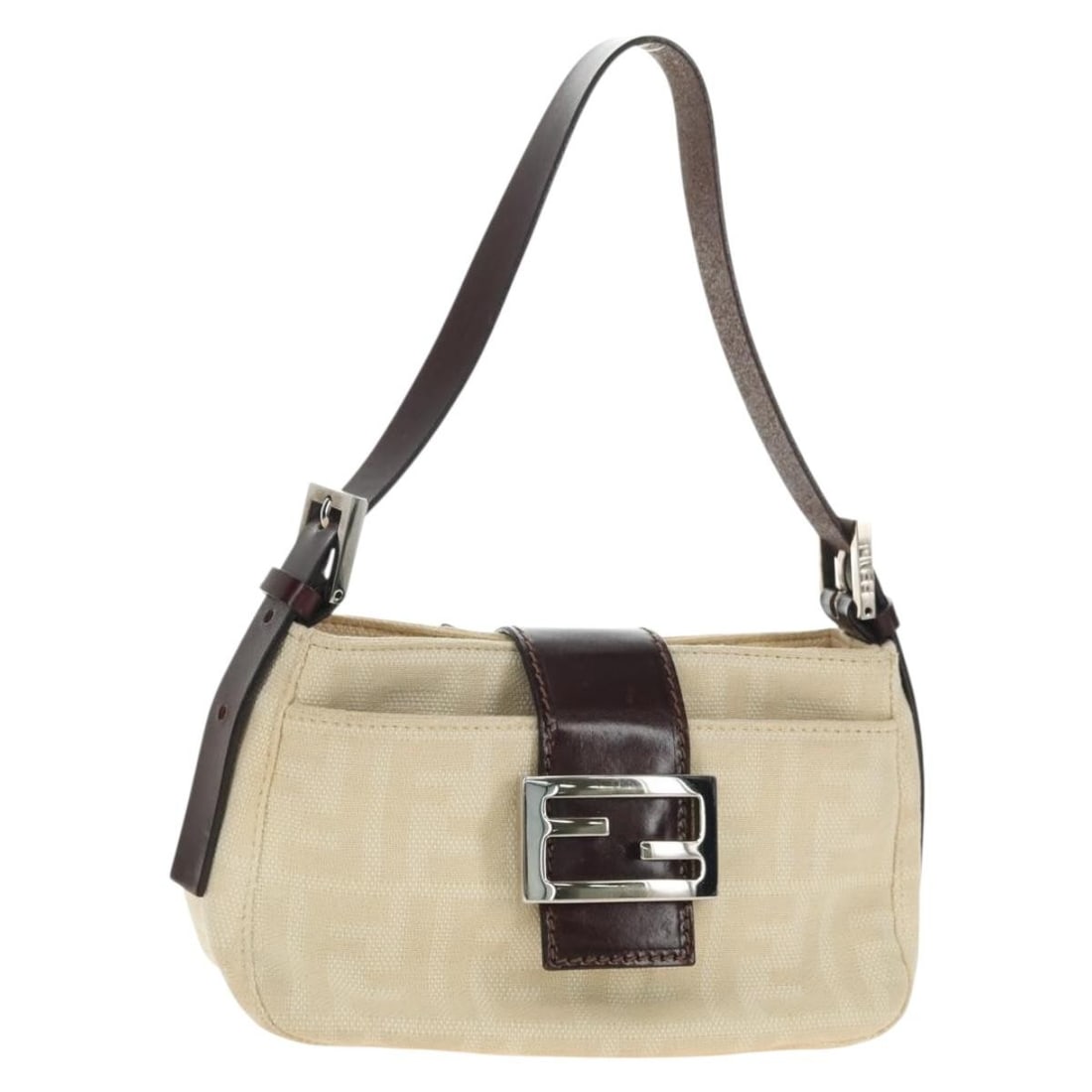 FENDI Mamma Baguette Shoulder Bag in White Silver Zucca Canvas: FENDI Mamma Baguette Shoulder Bag in White Silver Zucca Canvas Fendi Mamma Baguette shoulder bag in white and silver Zucca canvas. This women's bag includes a dust bag and item box. Condition is heavi