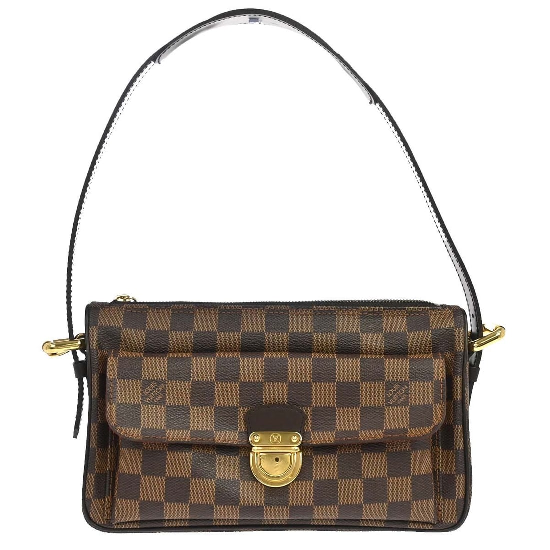 Louis Vuitton Ravello GM Damier Ebene Shoulder Bag N60006: Louis Vuitton Ravello GM Damier Ebene Shoulder Bag N60006 Vintage Louis Vuitton Ravello GM shoulder bag in Damier canvas and leather with an Ebene brown check pattern. This medium shoulder bag feature