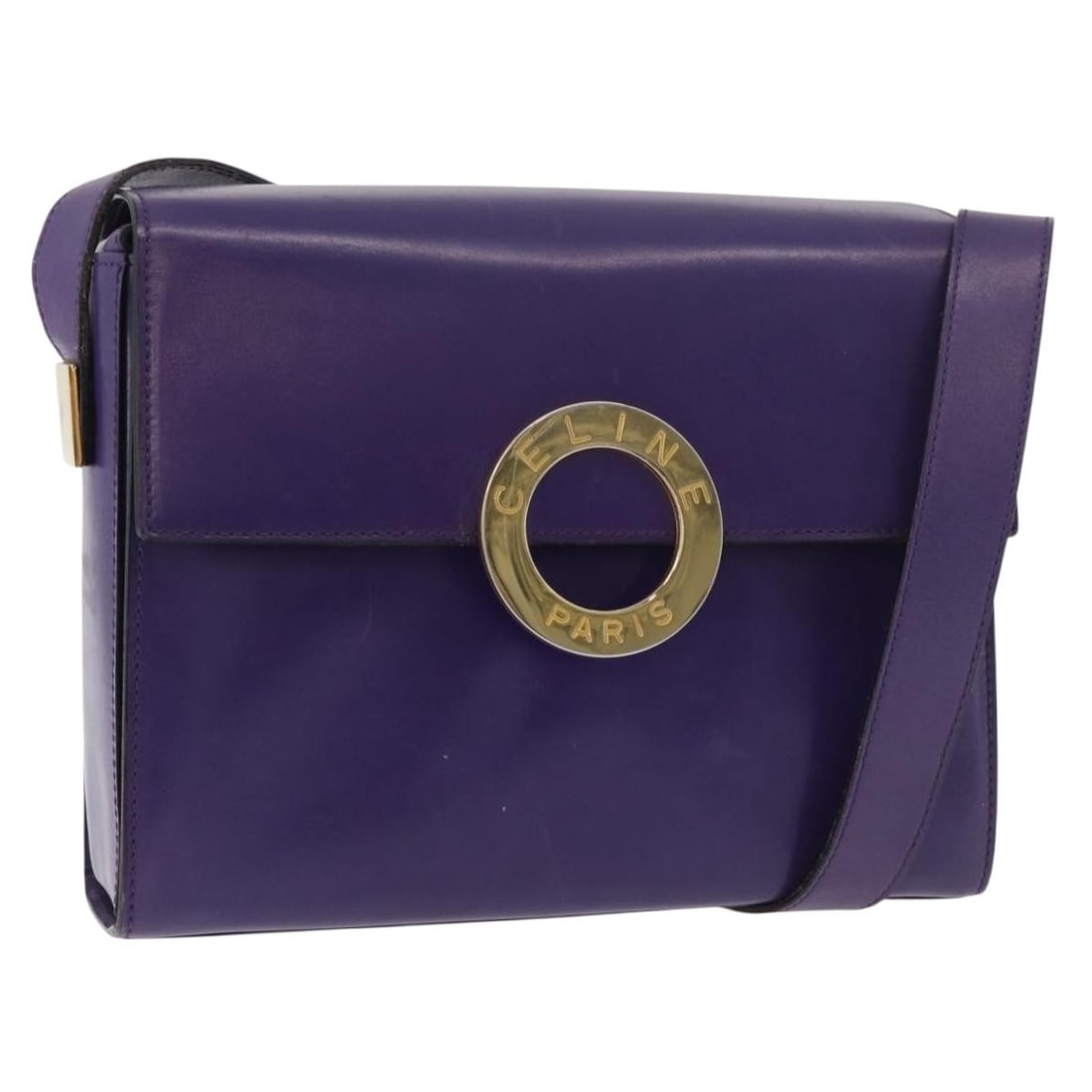 CELINE Purple Leather Shoulder Bag Gold Tone Italy: CELINE Purple Leather Shoulder Bag Gold Tone Italy Authentic CELINE circle shoulder bag in purple leather with gold-tone accents. Made in Italy, this women's shoulder bag is offered without the origin