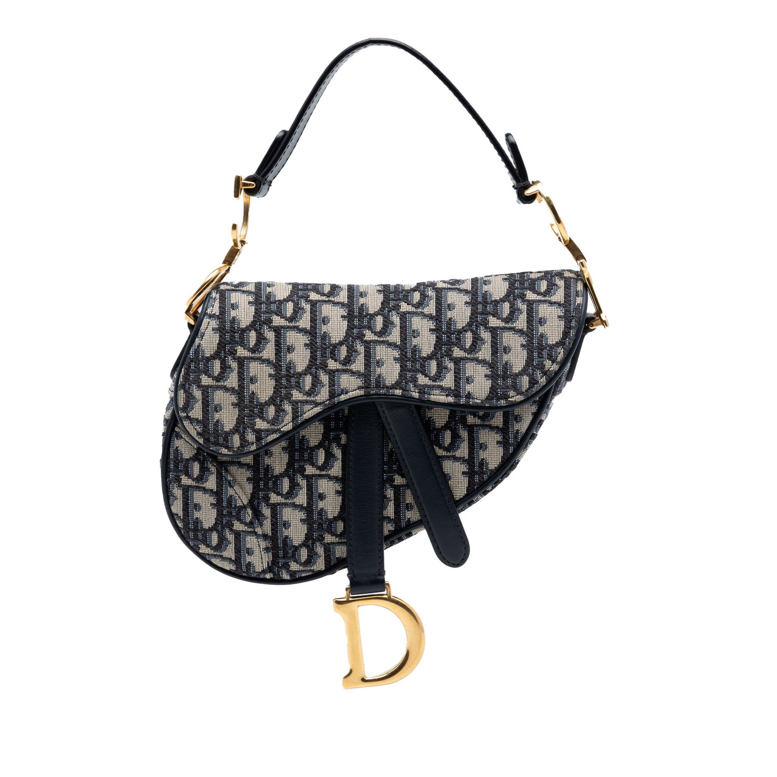 Dior Saddle Bag Mini Oblique Canvas Blue Handbag: Dior Saddle Bag Mini Oblique Canvas Blue Handbag Dior mini Saddle bag in blue oblique canvas with a flat leather handle and front flap magnetic closure. The bag shows wear to the exterior back and han