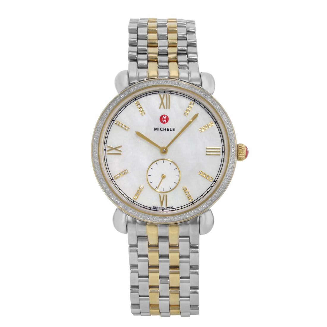 Michele Gracile ladies quartz watch two tone steel MOP dial .40cttw: Michele Gracile ladies quartz watch two tone steel MOP dial .40cttw Pre-owned Michele Gracile ladies quartz watch with a mother-of-pearl dial and two-tone steel construction. This watch features a dia