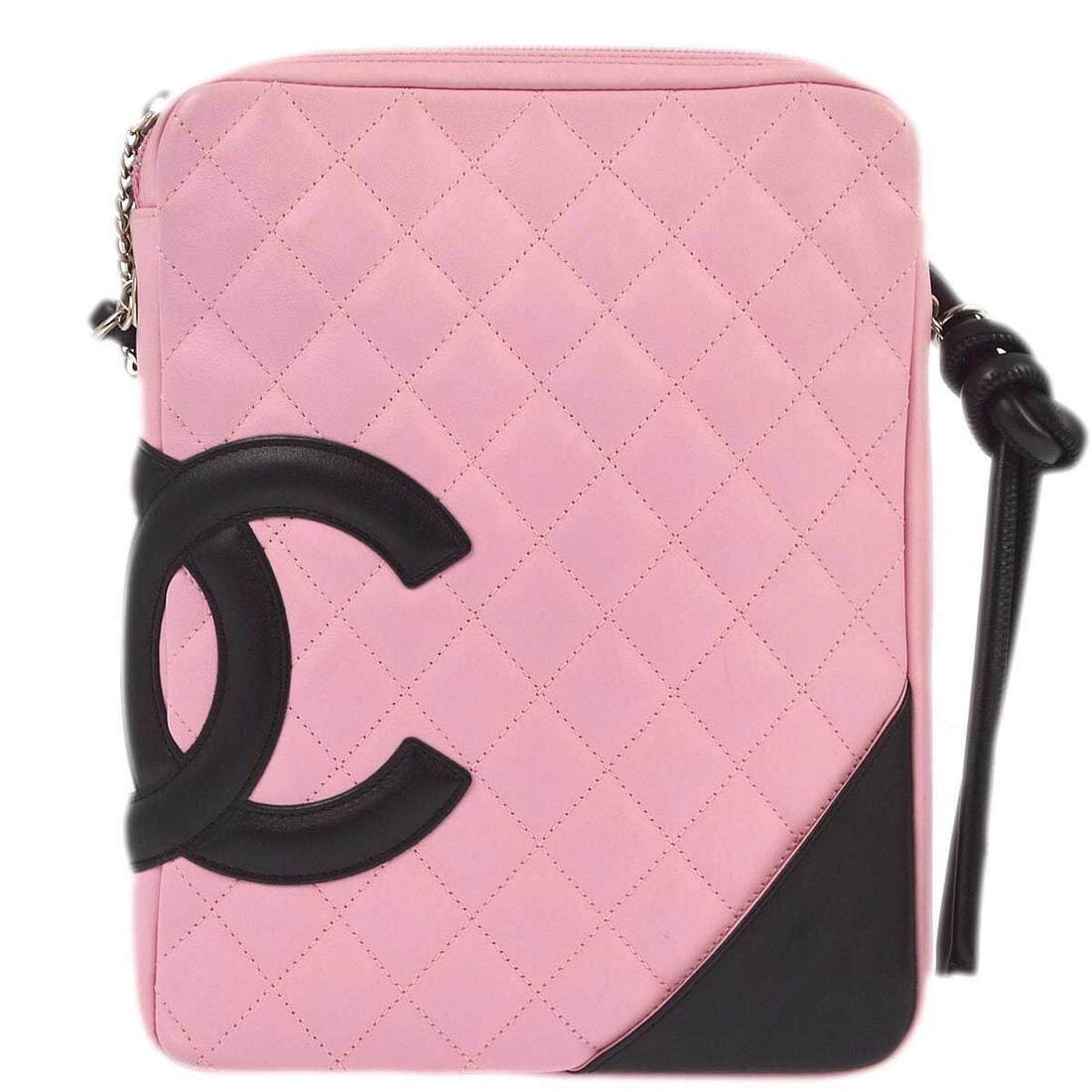 CHANEL Cambon Ligne Pink Calfskin Crossbody Bag Quilted: CHANEL Cambon Ligne Pink Calfskin Crossbody Bag Quilted Chanel Cambon Ligne crossbody shoulder bag in pink calfskin leather with black accents and a quilted matelasse finish. This women's medium bag f