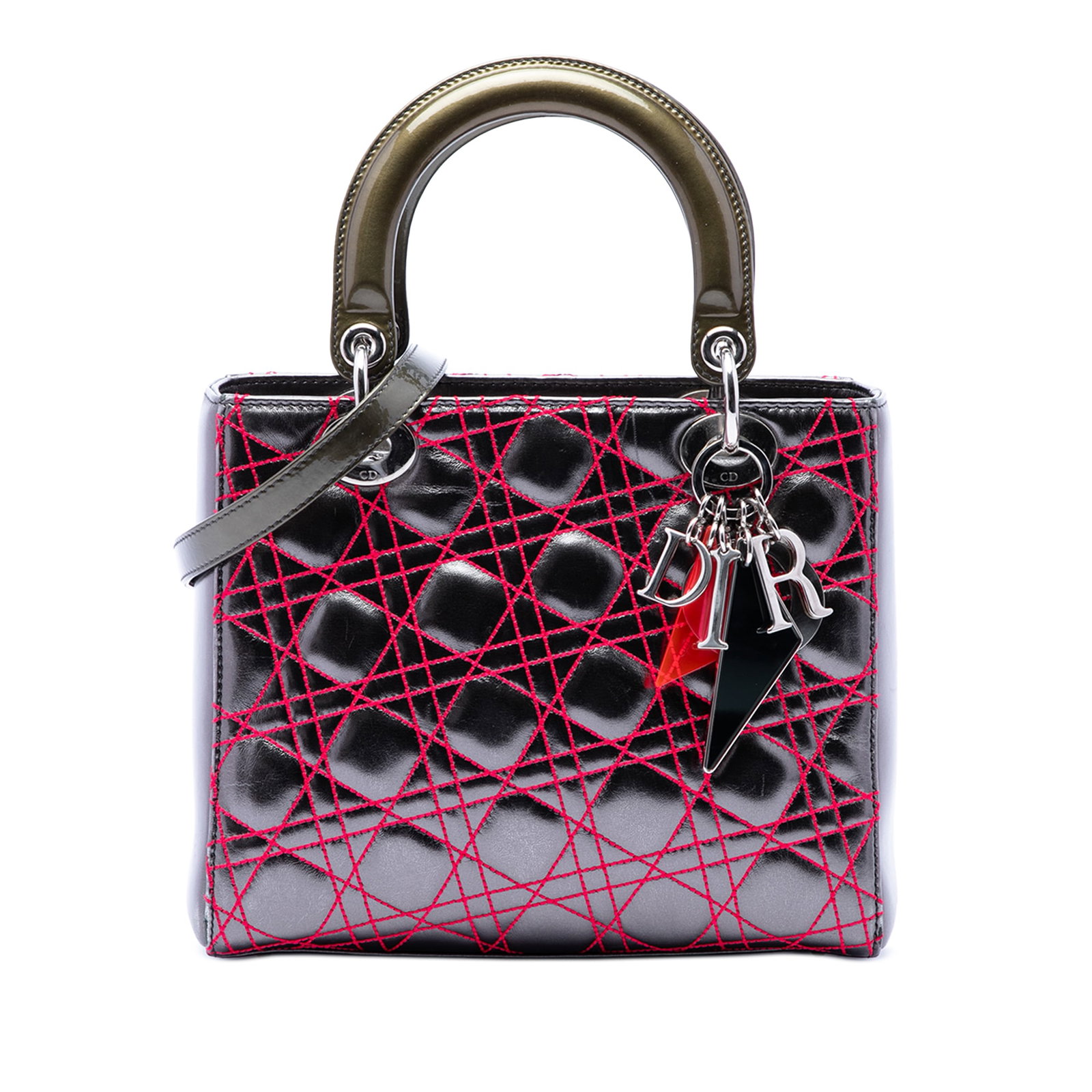 Dior Anselm Reyle Medium Lady Dior metallic lambskin bag: Dior Anselm Reyle Medium Lady Dior metallic lambskin bag Medium Lady Dior handbag in gray metallic lambskin leather with Cannage quilting. This structured bag features leather top handles, a detachabl