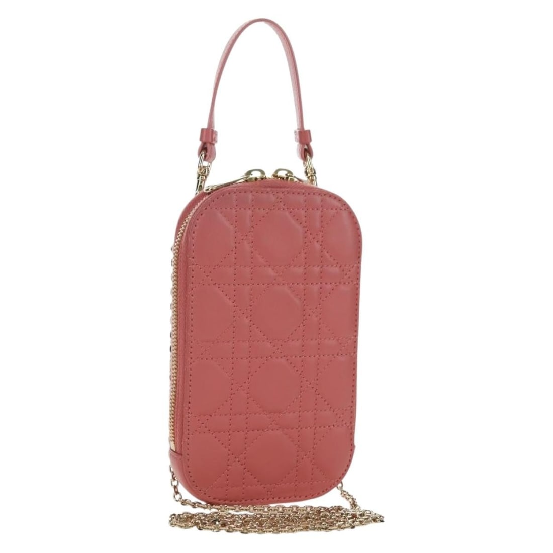 Christian Dior Cannage Lamb Skin Phone Pouch Shoulder Bag Pink Gold: Christian Dior Cannage Lamb Skin Phone Pouch Shoulder Bag Pink Gold Christian Dior Cannage Chain Phone Pouch Bag in pink and gold, made from lamb skin and crafted in Italy. This shoulder bag features 