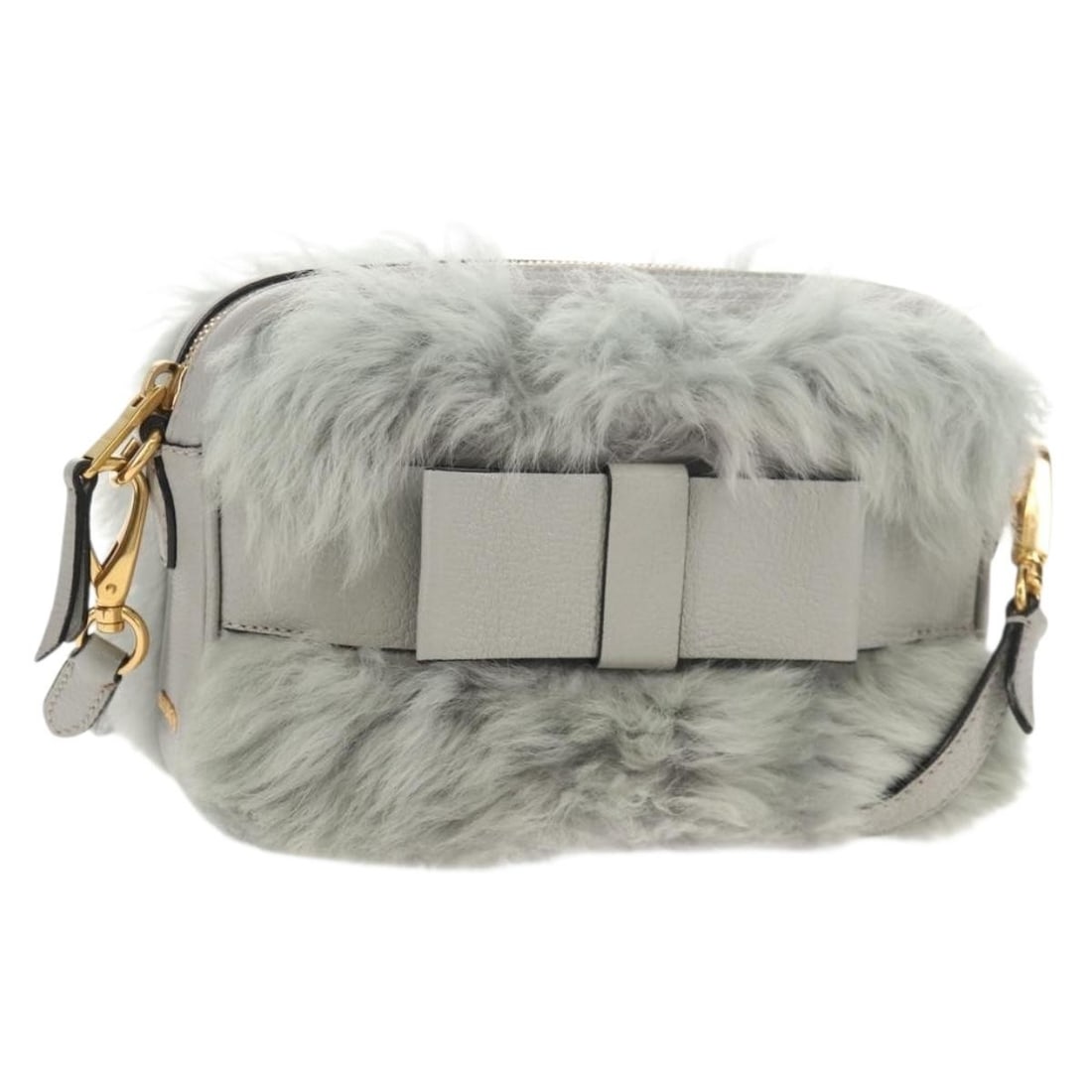 Miu Miu Fur Shoulder Bag Gray Gold with Dust Bag: Miu Miu Fur Shoulder Bag Gray Gold with Dust Bag Gray fur shoulder bag with gold-tone exterior accents, made in Italy. This women's bag includes a dust bag and shows reasonable wear consistent with a 
