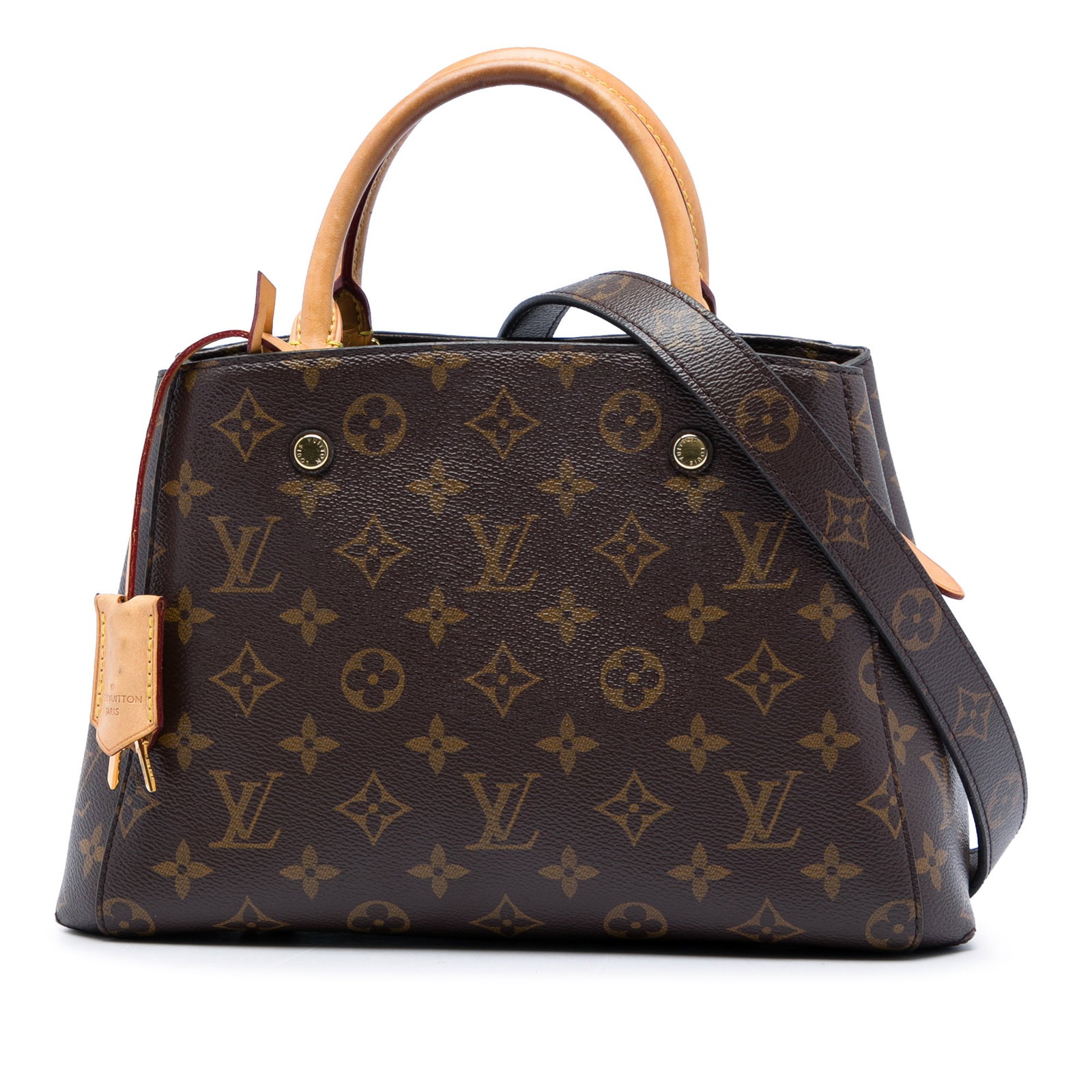 Louis Vuitton Montaigne BB Monogram Canvas Satchel Bag: Louis Vuitton Montaigne BB Monogram Canvas Satchel Bag Louis Vuitton Monogram Montaigne BB handbag featuring the brand's monogram canvas body with rolled vachetta leather handles and a detachable shou