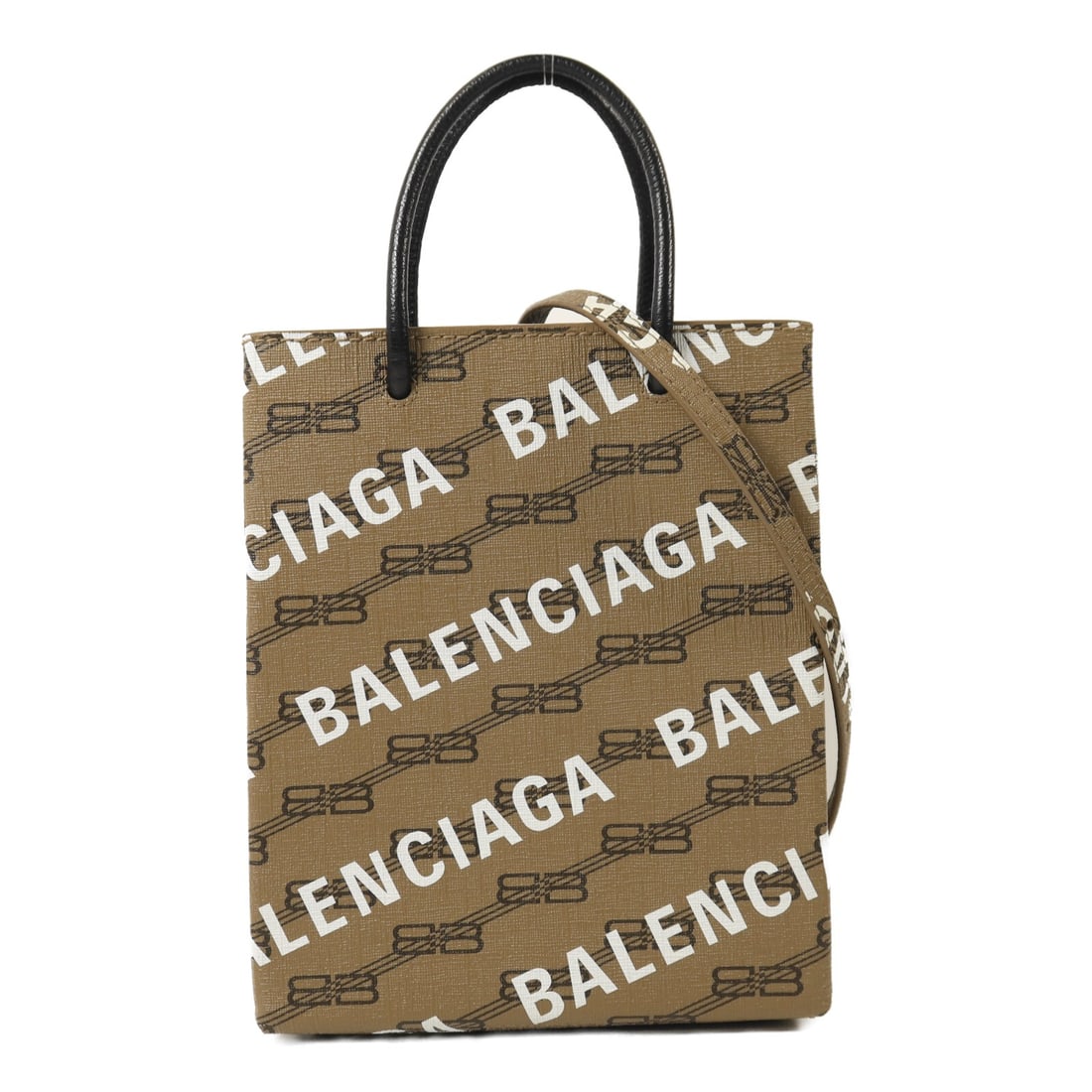 BALENCIAGA 693805 2way Shoulder Bag PVC Coated Canvas Calfskin Beige Black White: BALENCIAGA 693805 2way Shoulder Bag PVC Coated Canvas Calfskin Beige Black White Balenciaga 2way shoulder bag, model 693805, crafted from PVC coated canvas and calfskin (cowhide) in beige, black, and 