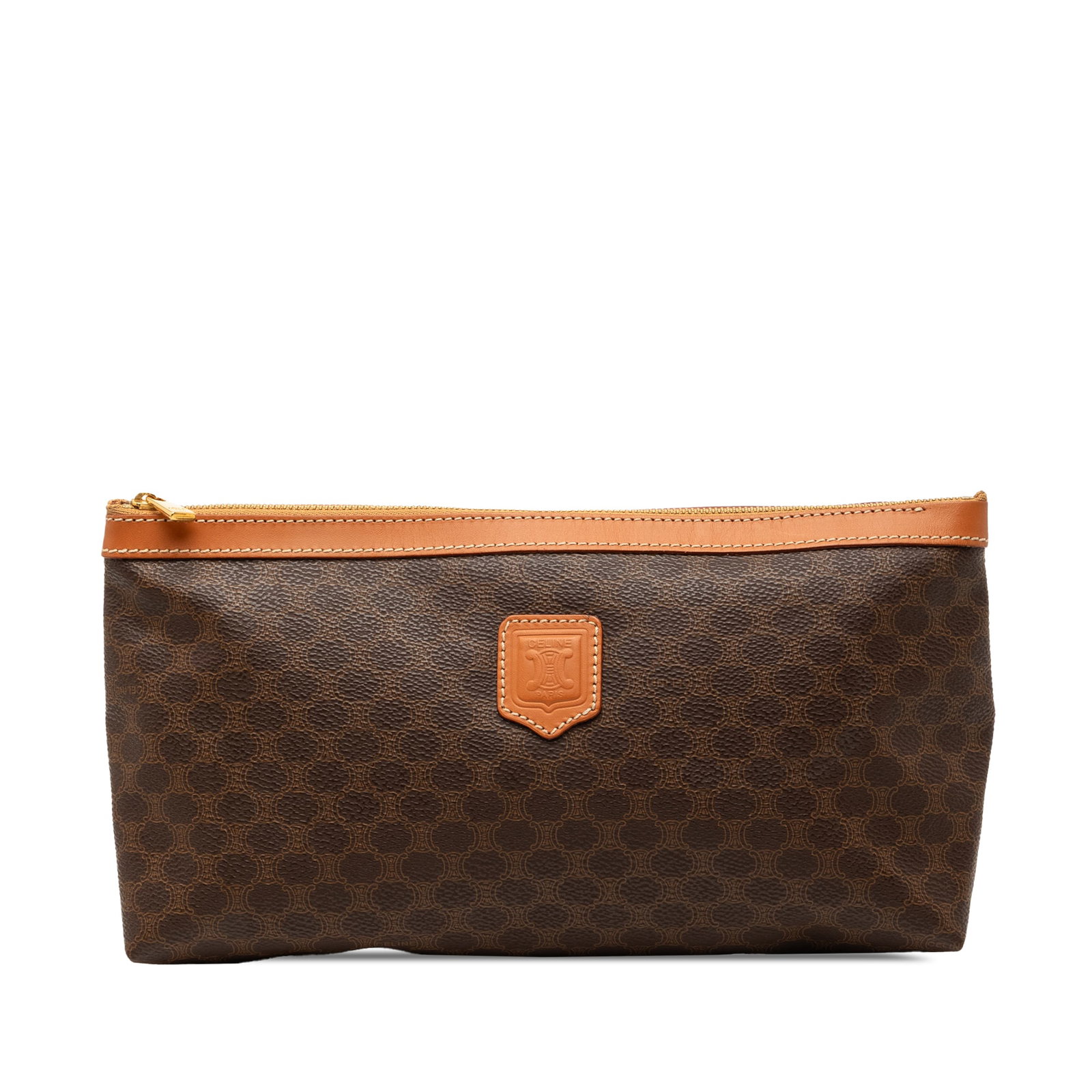 Brown Coated Canvas Celine Macadam Clutch with Leather Trim: Brown Coated Canvas Celine Macadam Clutch with Leather Trim This Celine Macadam clutch features a coated canvas body with leather trim, a top zip closure, and an interior slip pocket. The brown bag sh