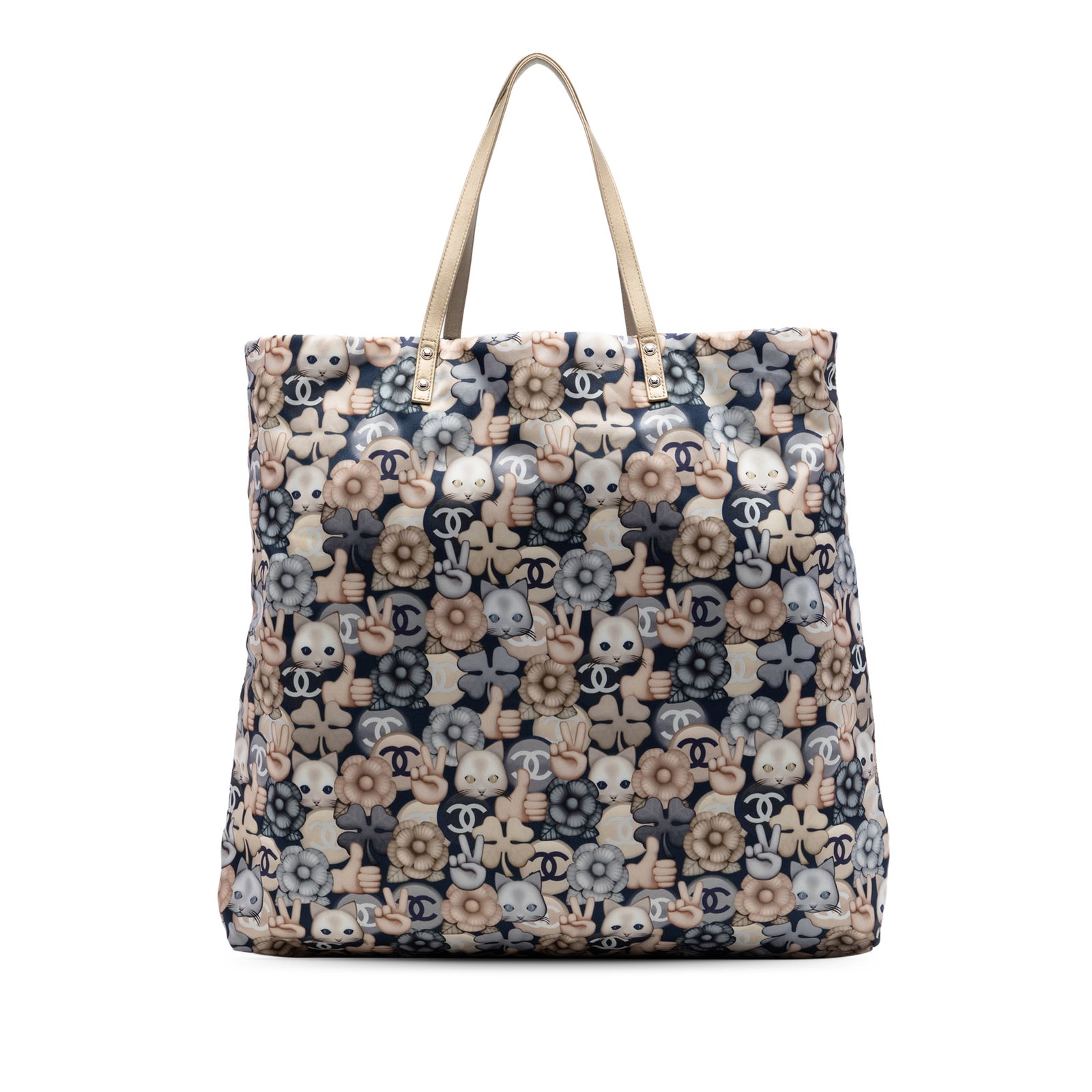 Chanel Cat Emoticon Blue Nylon Shopping Tote Bag Large: Chanel Cat Emoticon Blue Nylon Shopping Tote Bag Large Large Chanel shopping tote in printed nylon with dual flat leather shoulder straps, quilted nylon lining, an open top, and an interior slip pocke