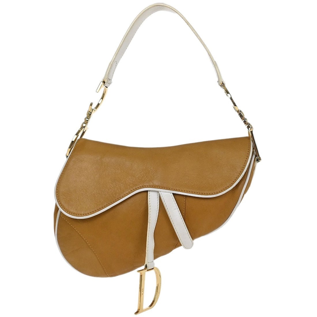 Dior Saddle Shoulder Bag Beige White Leather MU0020: Dior Saddle Shoulder Bag Beige White Leather MU0020 Christian Dior Saddle handbag in beige and white leather with a shoulder strap and Velcro closure. This medium bag features one exterior pocket and 