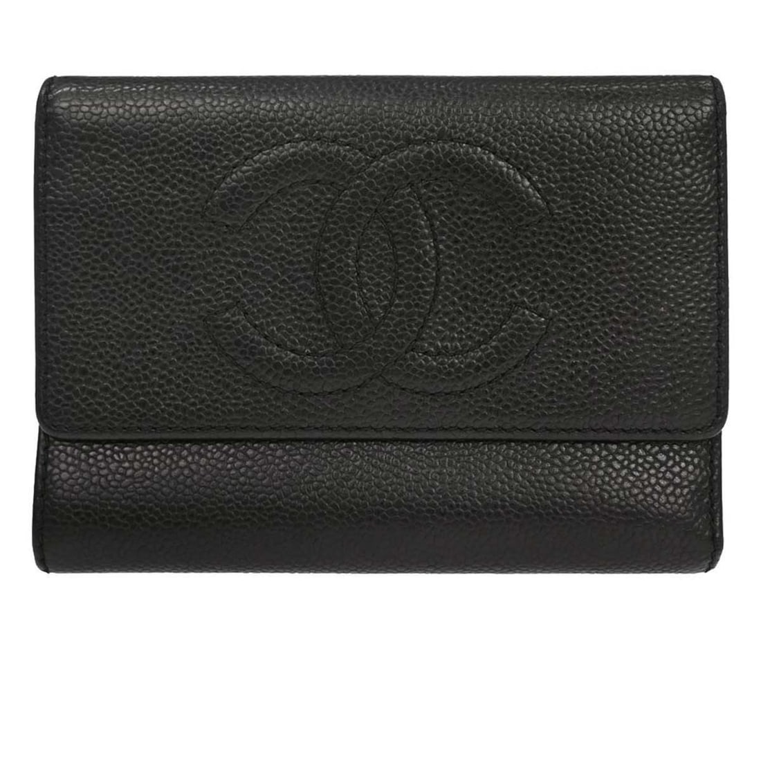 CHANEL black trifold wallet in calfskin leather: CHANEL black trifold wallet in calfskin leather Chanel trifold wallet in black caviar skin leather with logo accent. Made in Italy, this women's wallet features a practical interior layout with multip