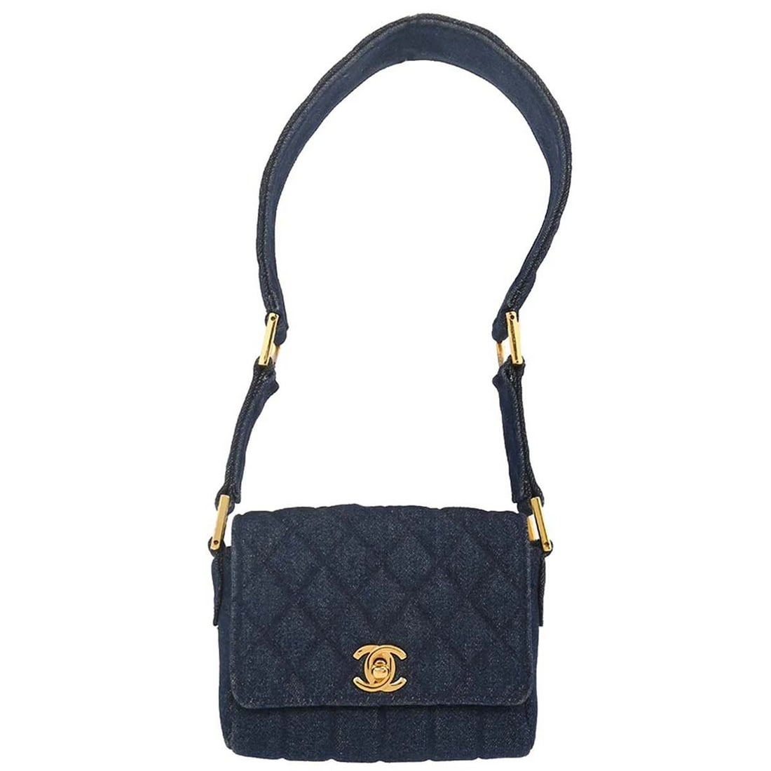 CHANEL Straight Flap Mini Shoulder Bag in Blue Denim: CHANEL Straight Flap Mini Shoulder Bag in Blue Denim Mini Chanel Straight Flap shoulder bag in blue denim with a turn-lock closure and shoulder strap. Made in France, this women's bag includes one int