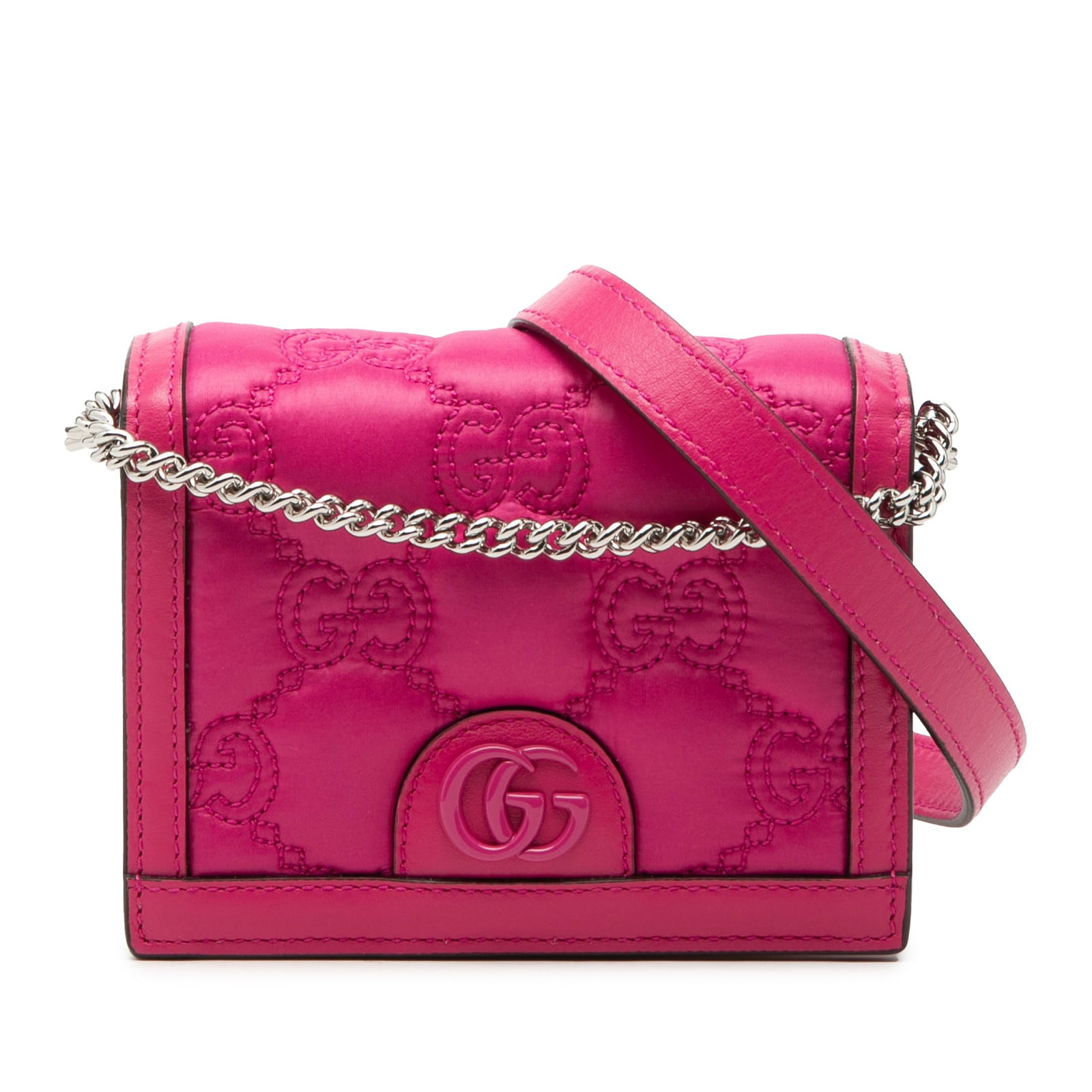 Gucci pink embossed leather mini satchel chain handle: Gucci pink embossed leather mini satchel chain handle This Gucci Mini GG Embossed Leather Satchel is crafted from pink embossed leather and features a silver tone curb chain link handle. It includes a