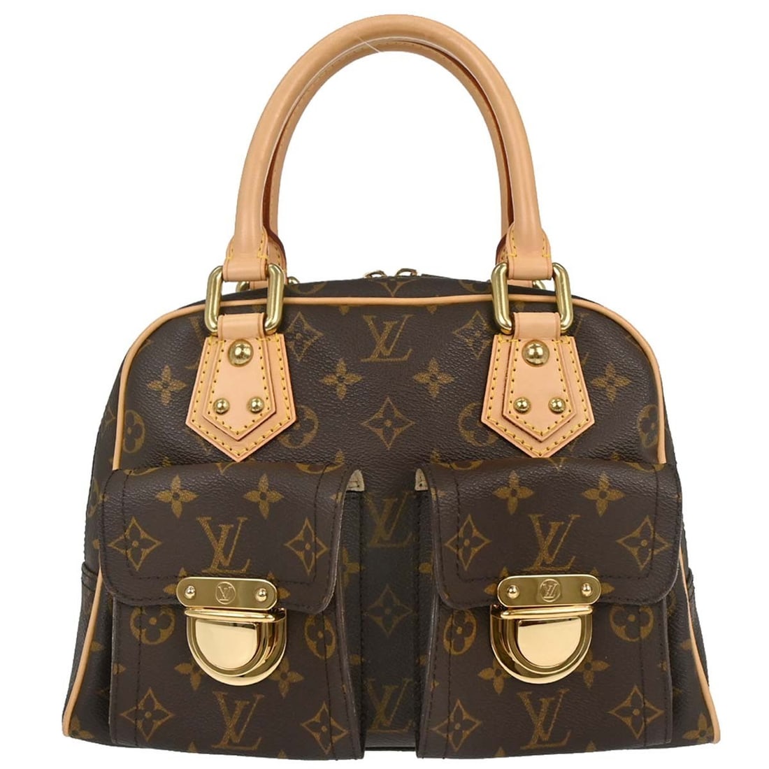 Louis Vuitton Manhattan PM Monogram Canvas Brown Top Handle Bag M40026: Louis Vuitton Manhattan PM Monogram Canvas Brown Top Handle Bag M40026 Vintage Louis Vuitton Manhattan PM handbag in Monogram canvas with leather trim and double handles. This brown handbag features a