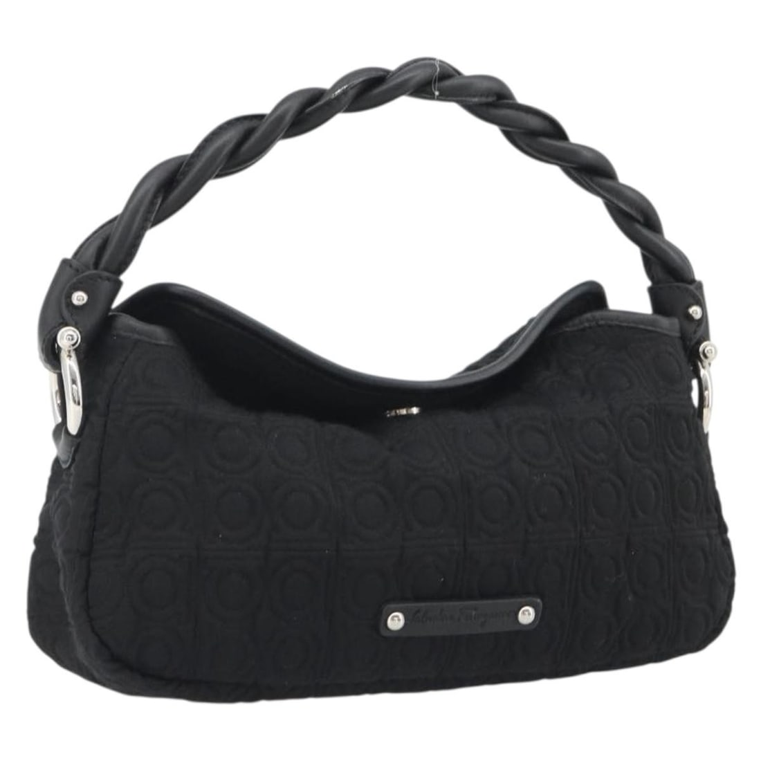 Salvatore Ferragamo Gancini Cotton Handbag Black Silver Tone: Salvatore Ferragamo Gancini Cotton Handbag Black Silver Tone Salvatore Ferragamo Gancini hand bag in black and silver cotton, made in Italy. This women's bag measures approximately 9.8 x 4.7 x 2.4 inc