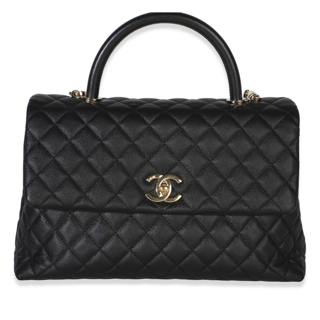Chanel Medium Coco Top Handle Bag Black Quilted Caviar Leather: Chanel Medium Coco Top Handle Bag Black Quilted Caviar Leather Pre-owned Chanel Medium Coco Top Handle Bag in black quilted caviar leather with a turnlock closure and burgundy fabric lining. This unis