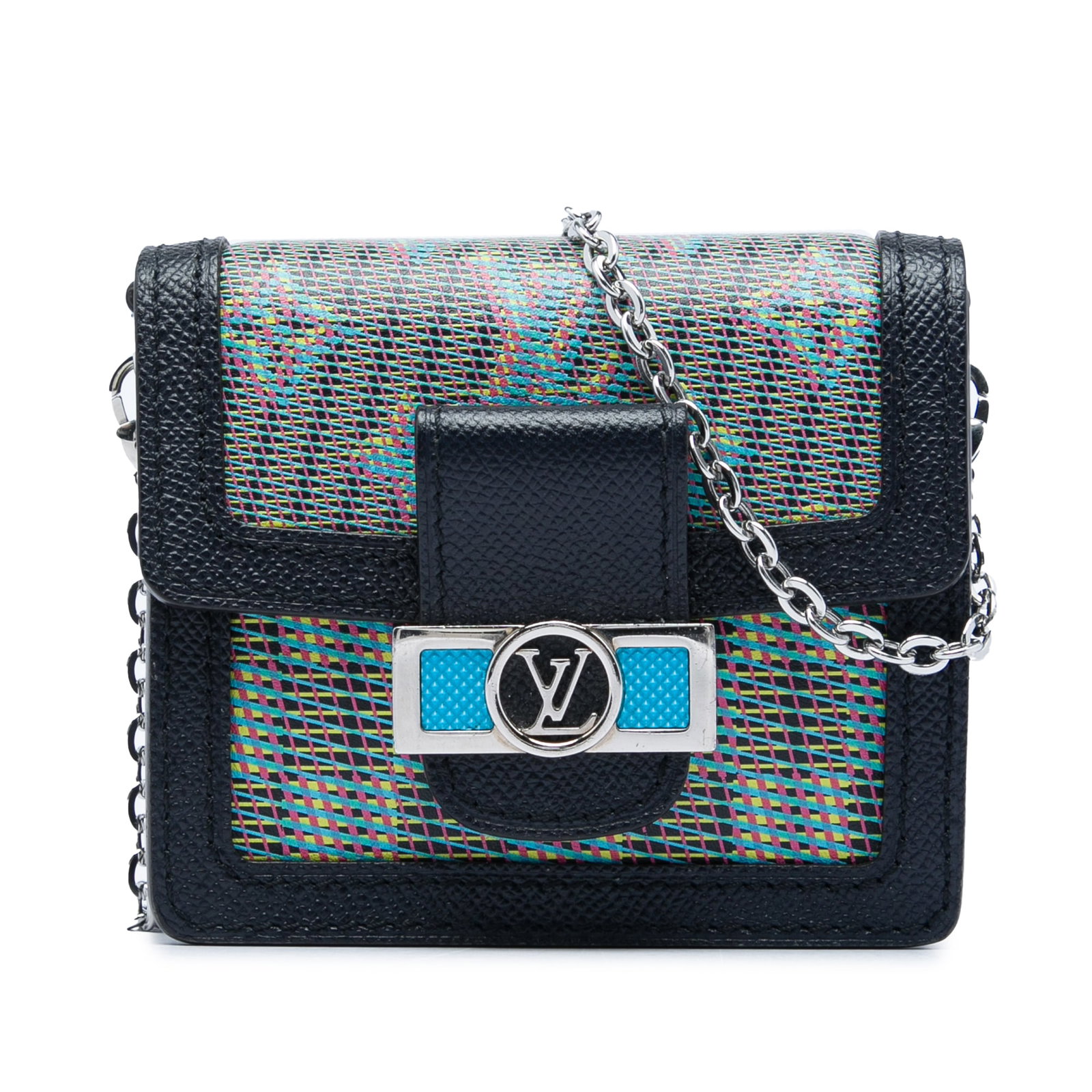 Louis Vuitton Dauphine BB Monogram LV Pop bumbag blue: Louis Vuitton Dauphine BB Monogram LV Pop bumbag blue Louis Vuitton Monogram LV Pop Dauphine Bumbag BB crafted with a monogram canvas body and leather trim. It features a detachable chain strap, a fro