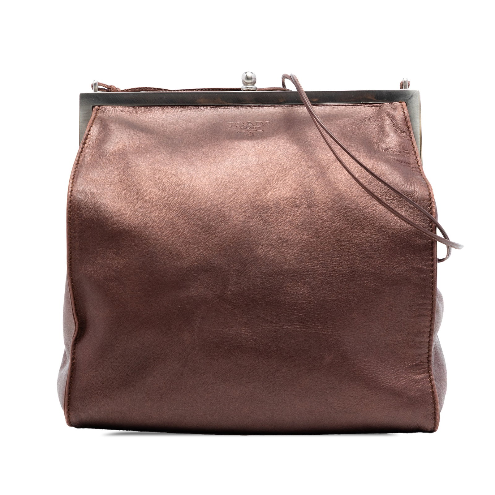 Prada Metallic Nappa Leather Kiss Lock Crossbody Bag: Prada Metallic Nappa Leather Kiss Lock Crossbody Bag This Prada Metallic Nappa Frame Crossbody features a nappa leather body in brown, complemented by flat leather shoulder straps. It is designed with