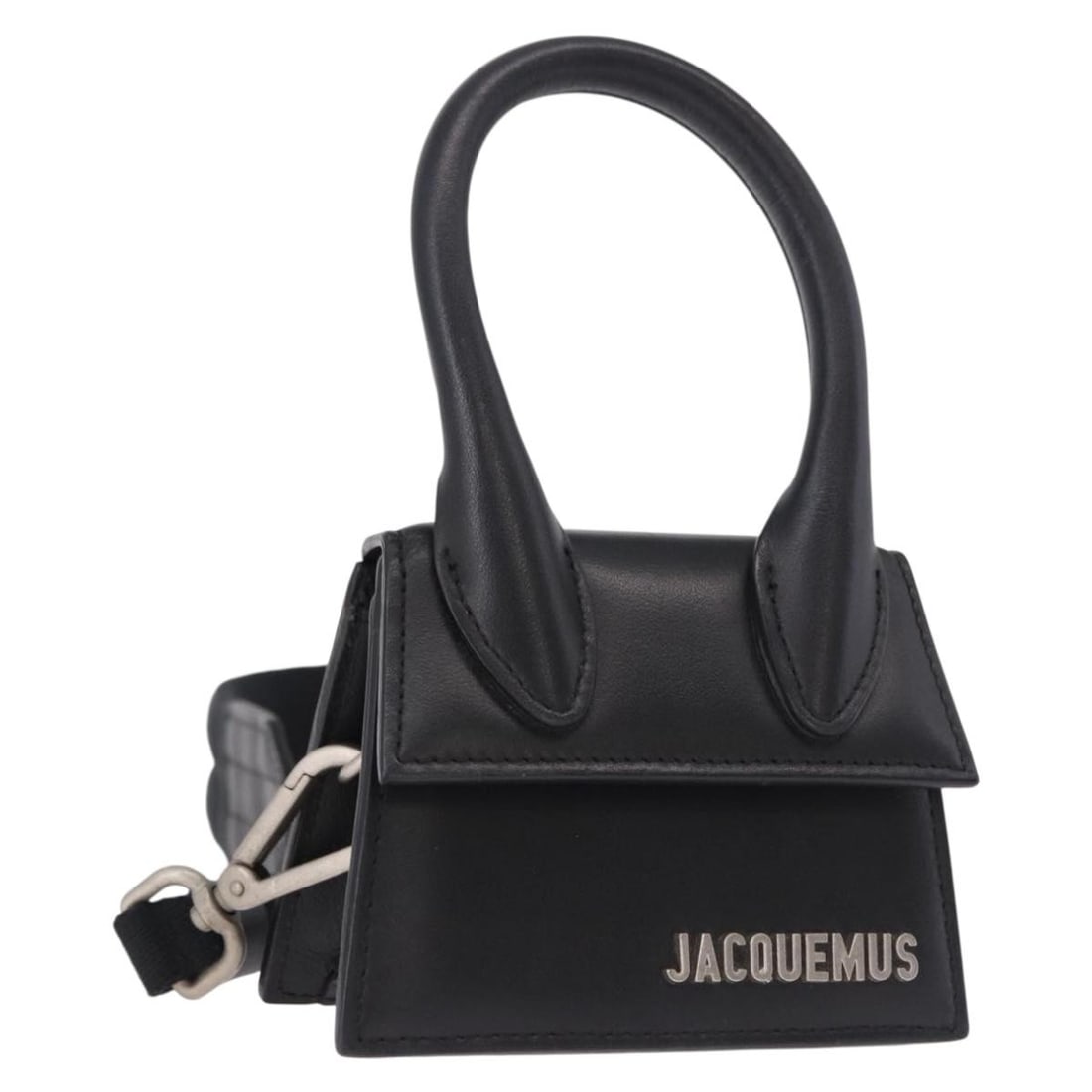 JACQUEMUS black leather shoulder bag with strap and dust bag: JACQUEMUS black leather shoulder bag with strap and dust bag A Jacquemus shoulder bag crafted from leather in black and silver. This 2-way design comes with a dust bag and shoulder strap, and it was m
