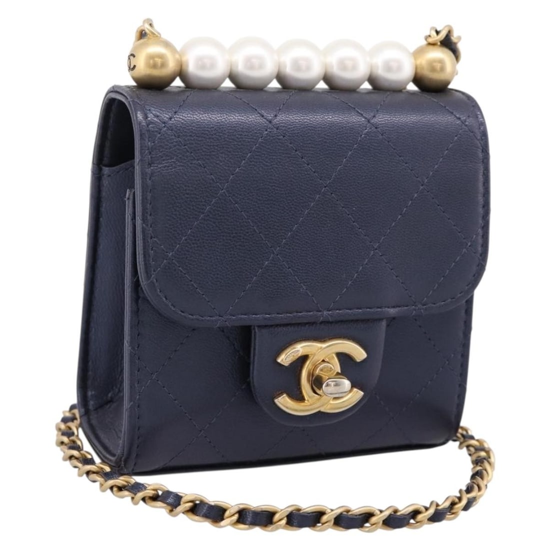 CHANEL Matelasse Mini Shoulder Bag Navy Leather Pearl Chain CC: CHANEL Matelasse Mini Shoulder Bag Navy Leather Pearl Chain CC Compact CHANEL Mini Matelasse chain shoulder bag in navy leather with gold-tone accents. This women's bag includes a dust bag and guarant