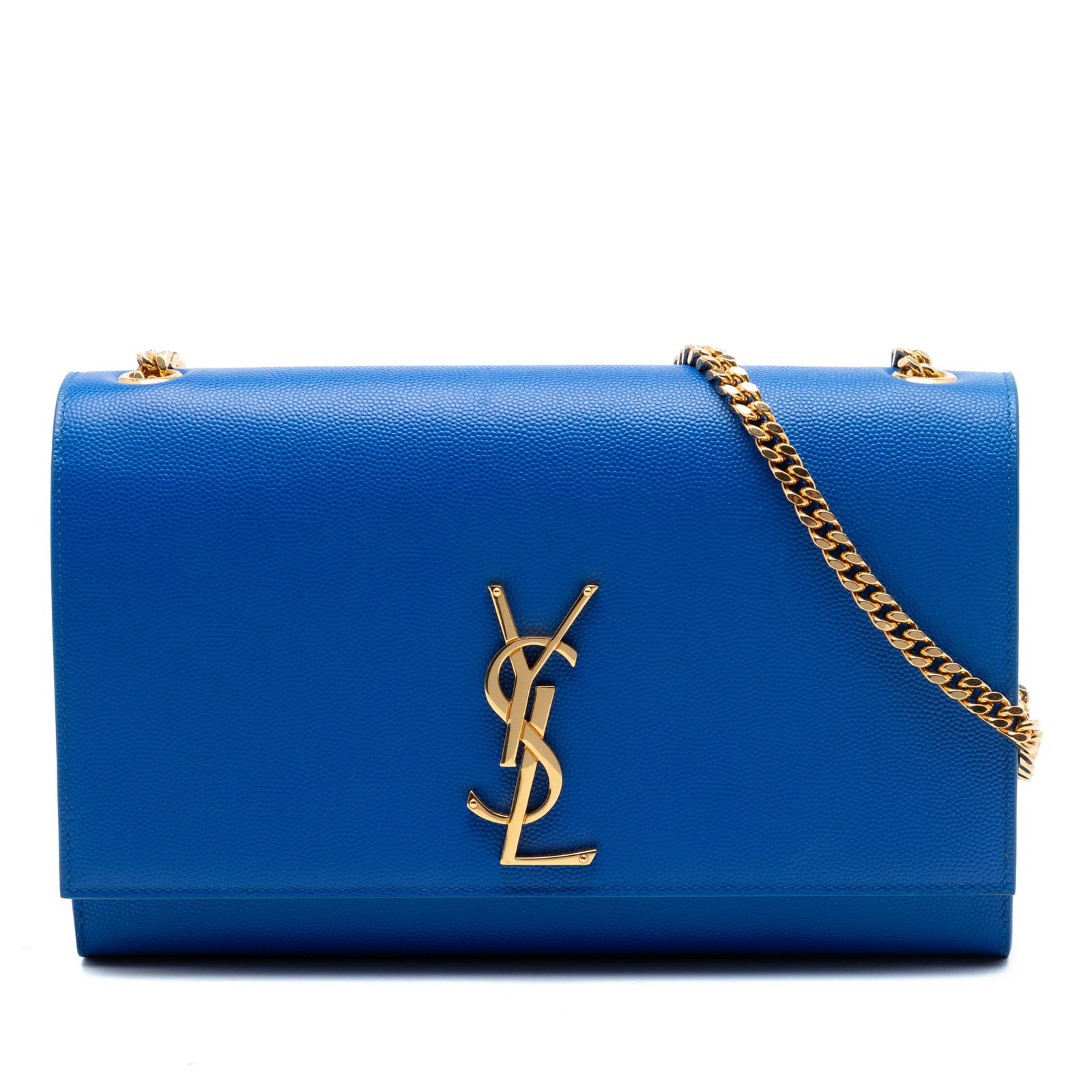 Saint Laurent Kate Crossbody Bag Blue Leather Monogram Medium: Saint Laurent Kate Crossbody Bag Blue Leather Monogram Medium This Saint Laurent Medium Grain De Poudre Monogram Kate Crossbody bag is crafted with a leather body and features a chain link shoulder