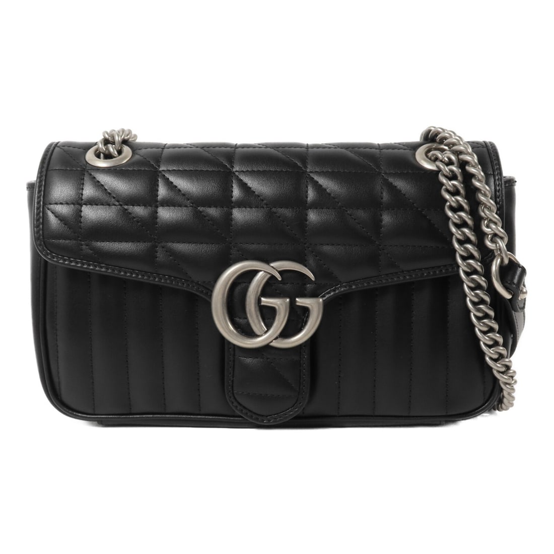 Gucci Marmont 443497 black calfskin chain shoulder bag: Gucci Marmont 443497 black calfskin chain shoulder bag Gucci Marmont chain shoulder bag in black calfskin leather with GG hardware. This women's shoulder bag features a flap design and an interior