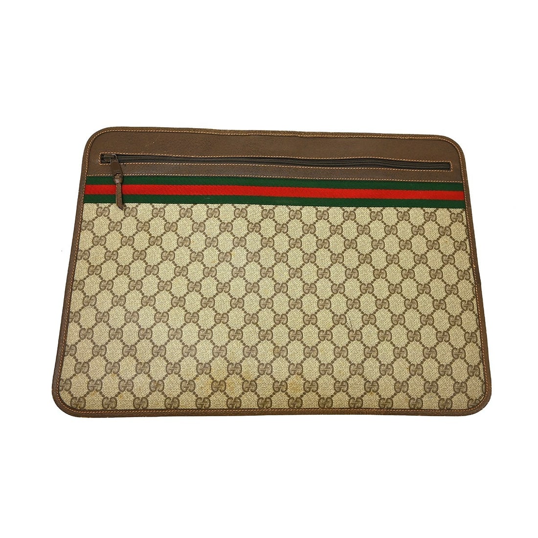 Gucci GG Beige Leather PVC Clutch with Web Stripe 89.02.060: Gucci GG Beige Leather PVC Clutch with Web Stripe 89.02.060 Gucci GG Sherry clutch bag in beige with brown, red, and green accents. This women's medium clutch is made of leather and PVC and features t