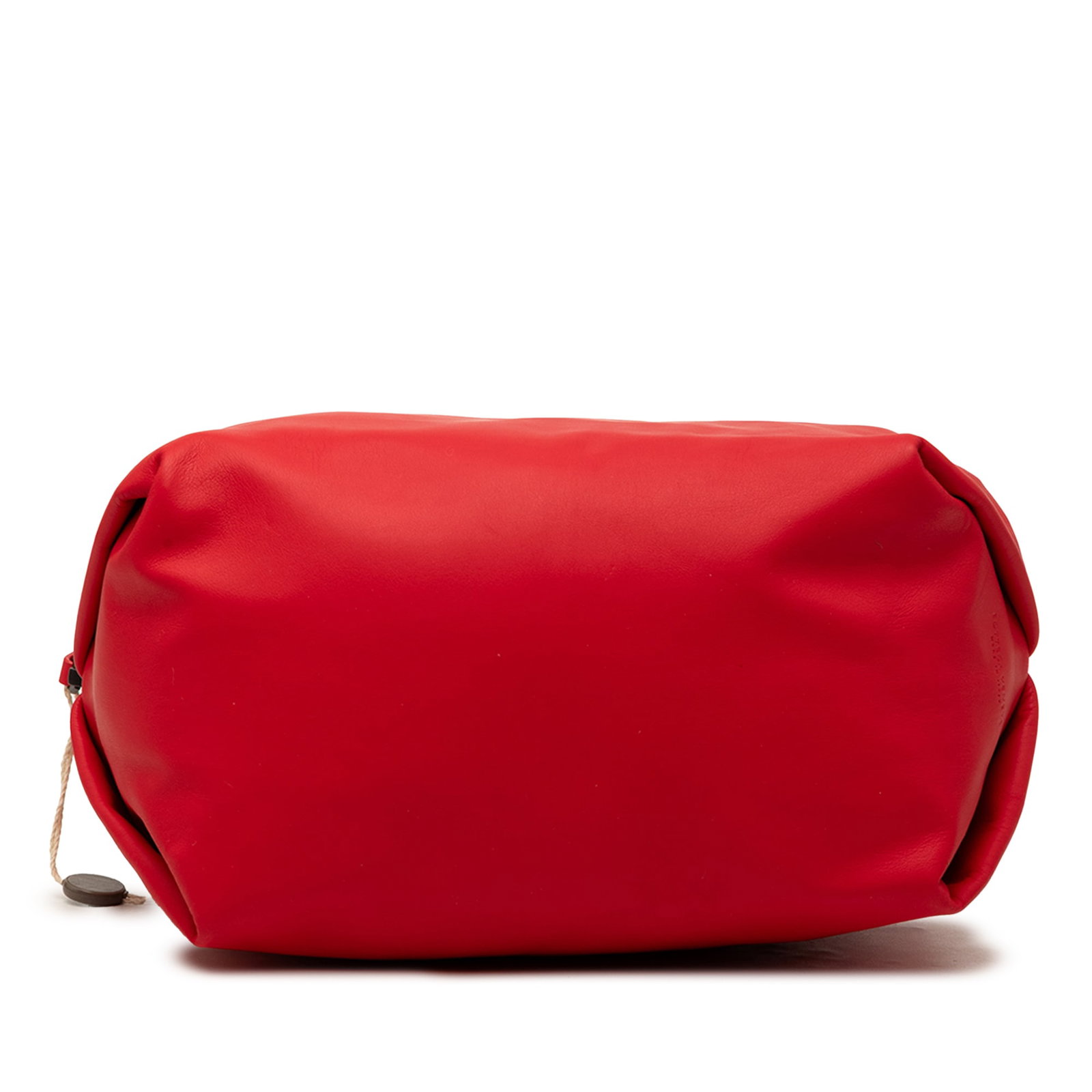 Bottega Veneta Lambskin leather zip pouch in red: Bottega Veneta Lambskin leather zip pouch in red Bottega Veneta Lambskin Pouch in red leather, made in Italy. It features a top zip closure and an interior zip pocket. Condition is AB, with noted wear