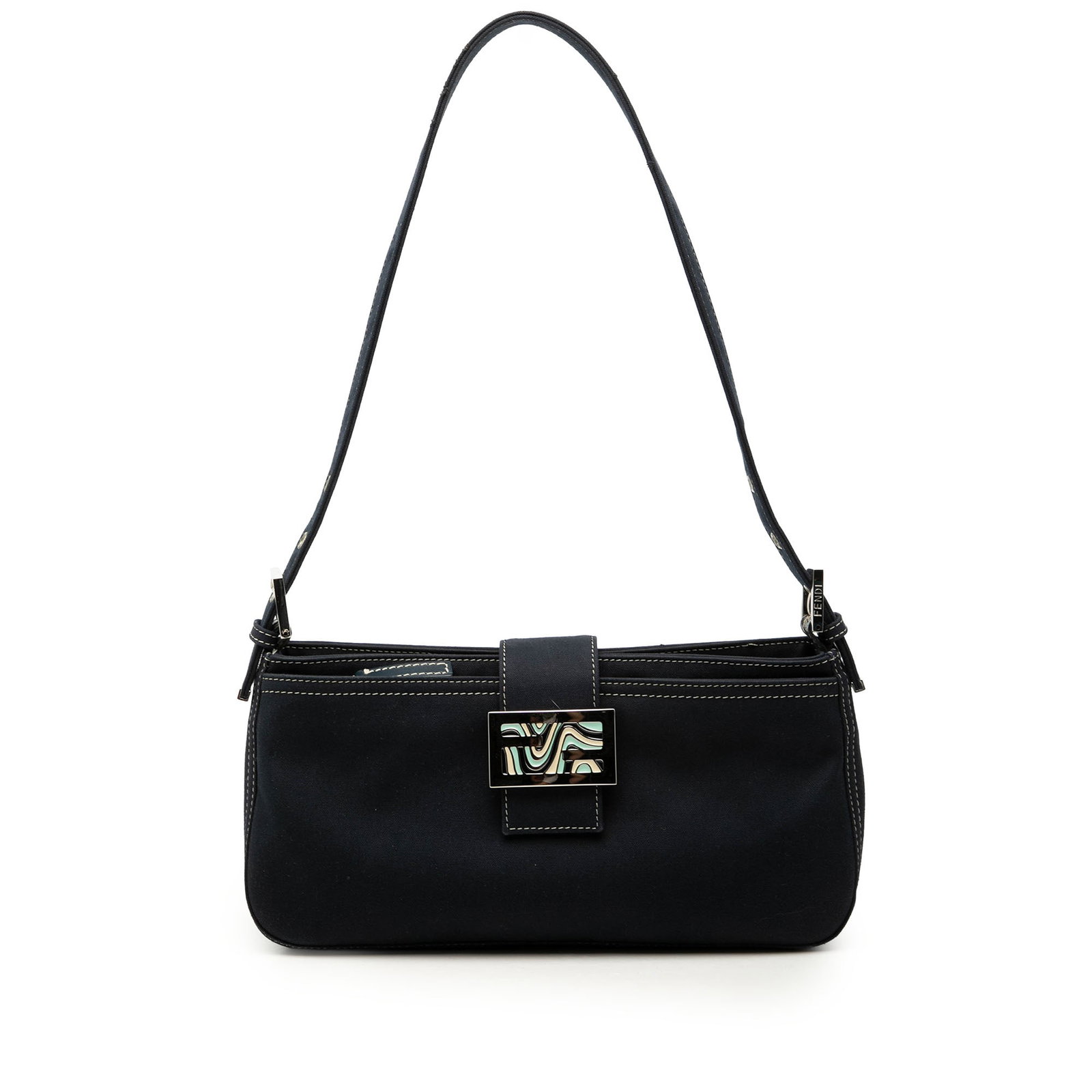 Fendi FF Marble Blue Canvas Shoulder Bag: Fendi FF Marble Blue Canvas Shoulder Bag Fendi shoulder bag crafted with a canvas body and an adjustable flat canvas shoulder strap. It features an open top with a strap and magnetic snap closure, plu