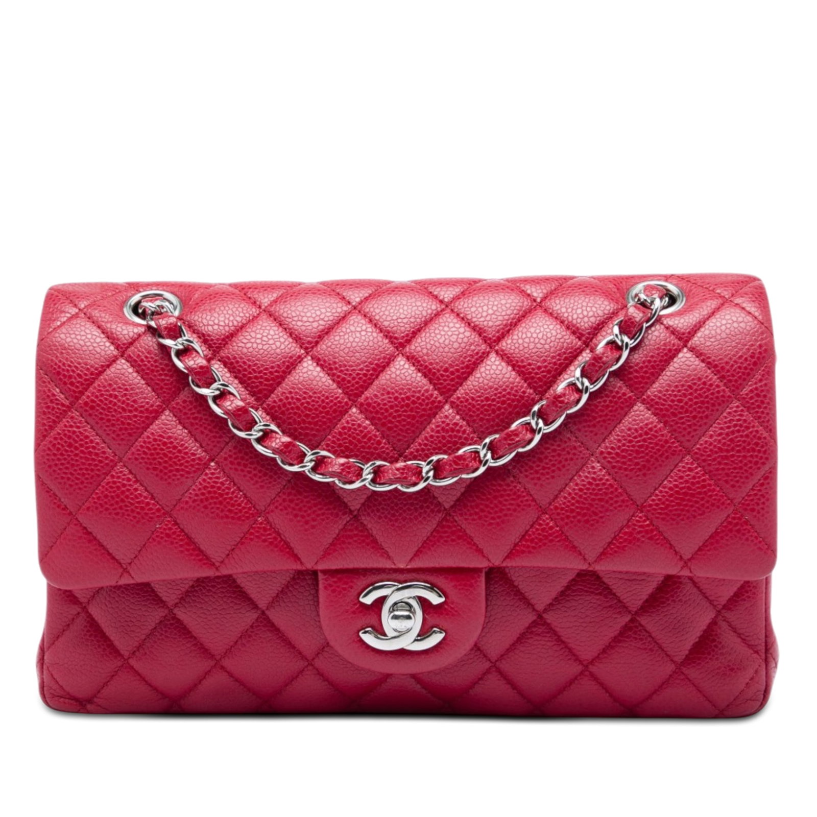 Chanel Medium Classic Double Flap Shoulder Bag Red Caviar Leather: Chanel Medium Classic Double Flap Shoulder Bag Red Caviar Leather Chanel Medium Classic Caviar Double Flap shoulder bag in red quilted caviar leather. This bag features a leather-woven chain strap, do